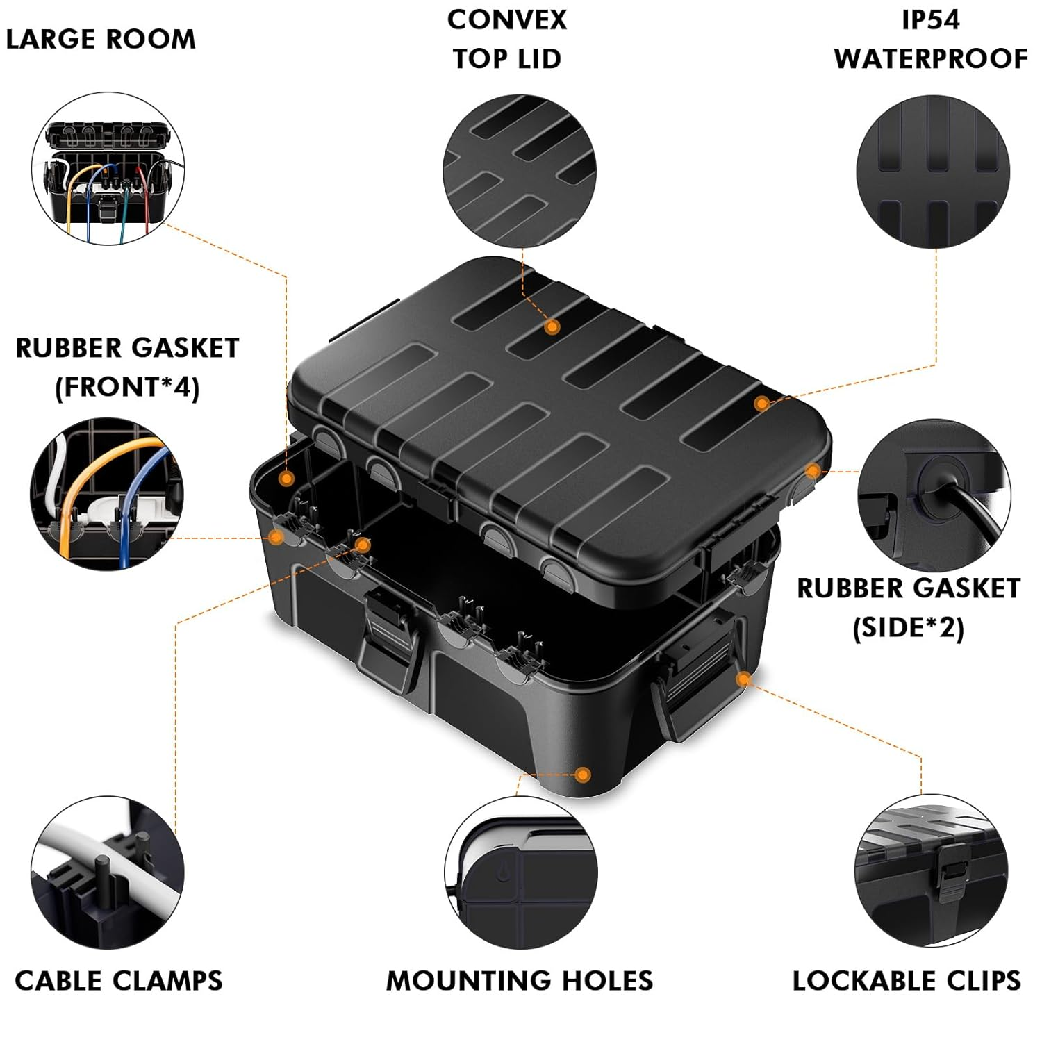 RESTMO Extra Large Weatherproof Electrical Box (32 X 22 X 13 Cm), IP54 Waterproof Outdoor Extension Lead Cover, Protect Outlet, Plug, Socket, Timer, Power Strip, Holiday Light Decoration, Black image number 1