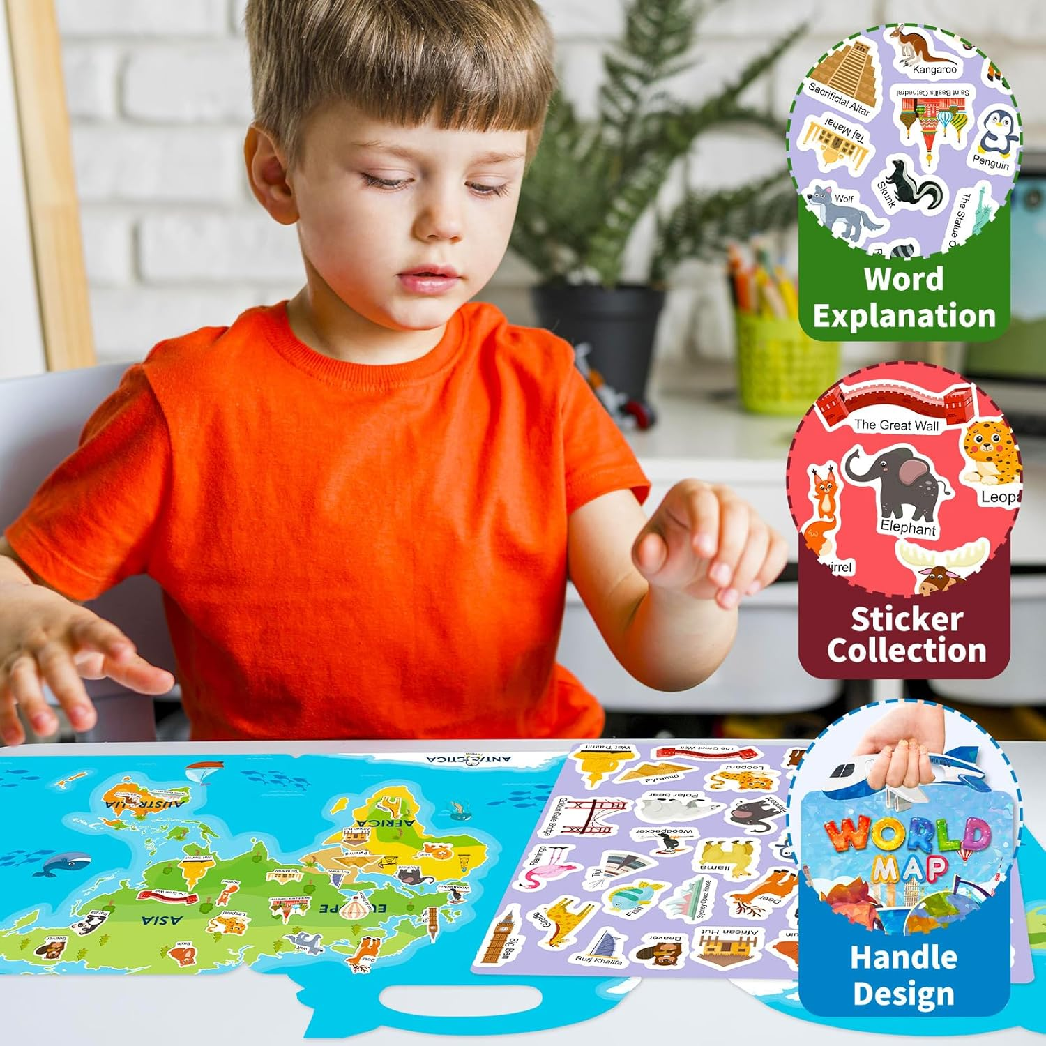 Reusable Sticker Book for Kids,37Pcs Stickers World Map Landmark Activity Education Learning Toys Books for Toddlers Girls Boys Age 3+ Birthday Gifts. (World Map) image number 3
