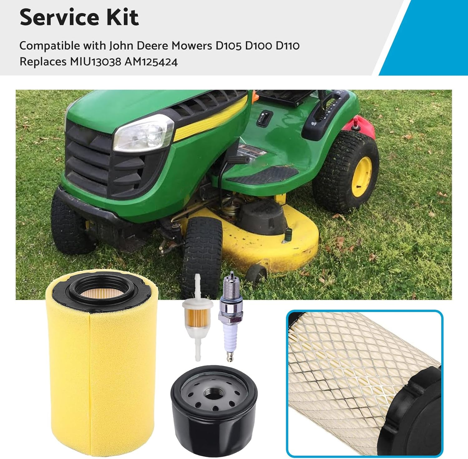 Air Filter Service Kit Suitable for John Deere Mowers D105 D100 Replaces MIU13038 AM125424 image number 6