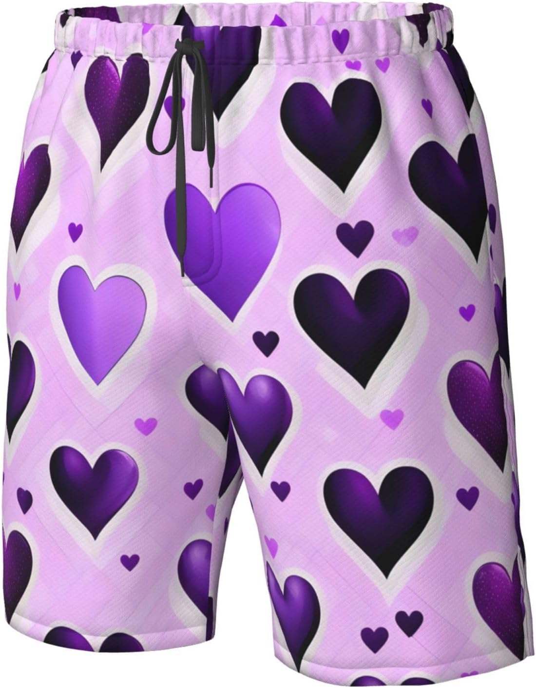 Fashional Purple Hearts Print Mens Swim Trunks Quick Dry Bathing Suits Summer Holiday Beach Board Shorts Pockets image number 4