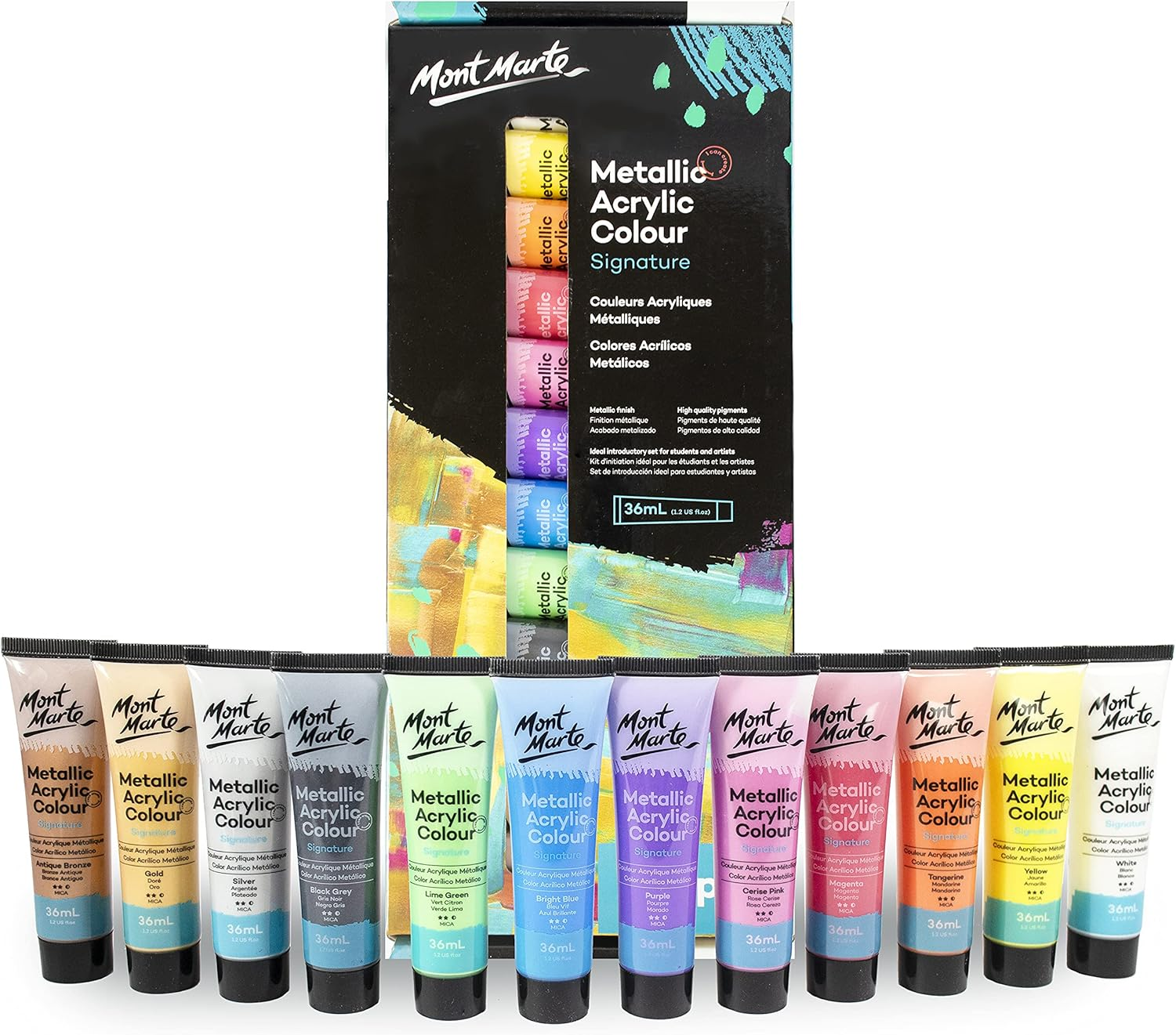 Mont Marte Metallic Acrylic Colour Paint 12-Pieces Set, 36 Ml image number 1