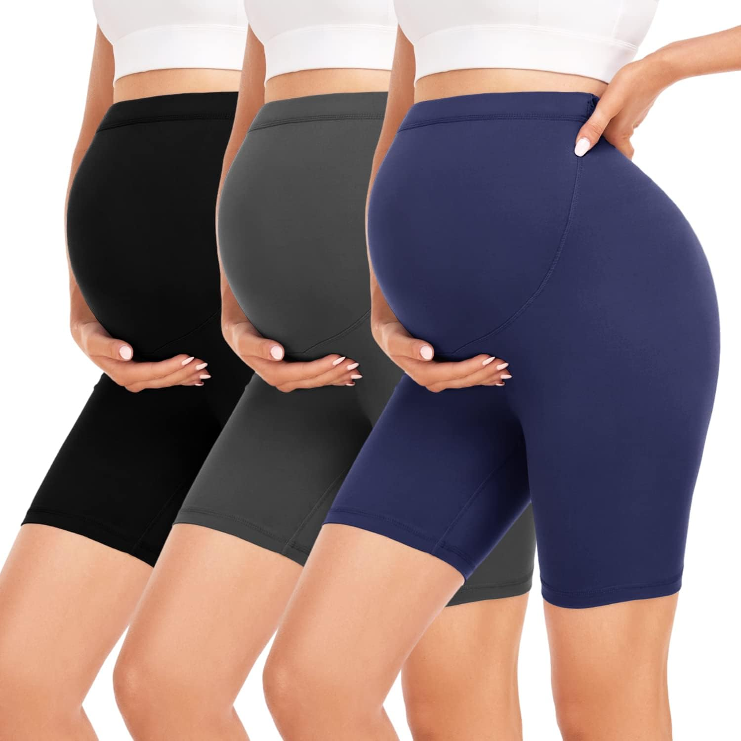 Hi Clasmix Maternity Shorts over Belly Active Workout Summer Yoga Athletic Pregnancy Adjustable Belt Biker Shorts Pants(3 Pack Black+Grey+Navy,X-Large) image number 3