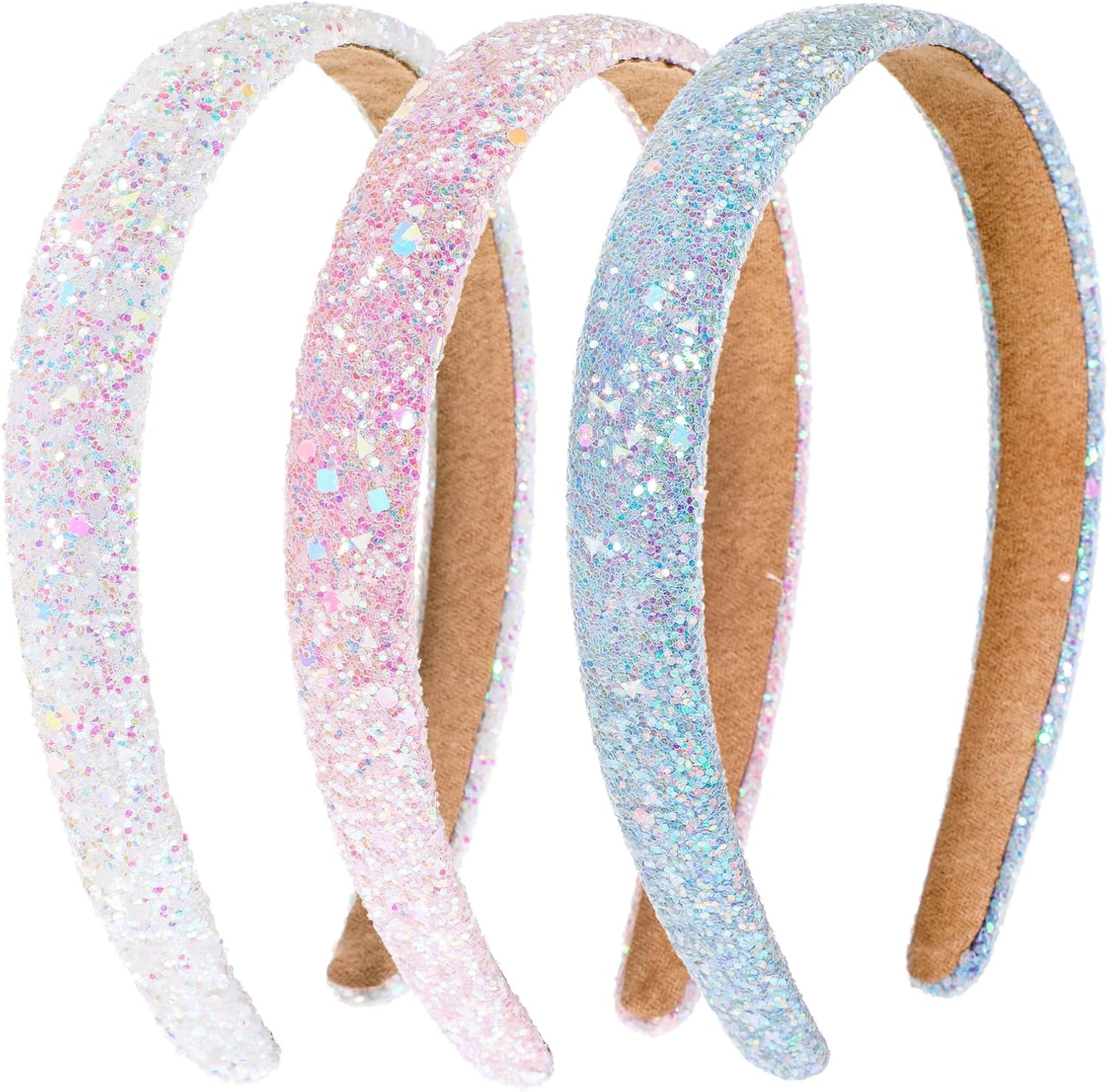 3PCS Girls Headbands Non-Slip Glitter Sequins Sparkly Hard Toddler Headband, Wide Padded Hair Bands Cute Hair Accessories for Birthday Party Favors Back to School Girls Women (Pink/Sky Blue/White) image number 2