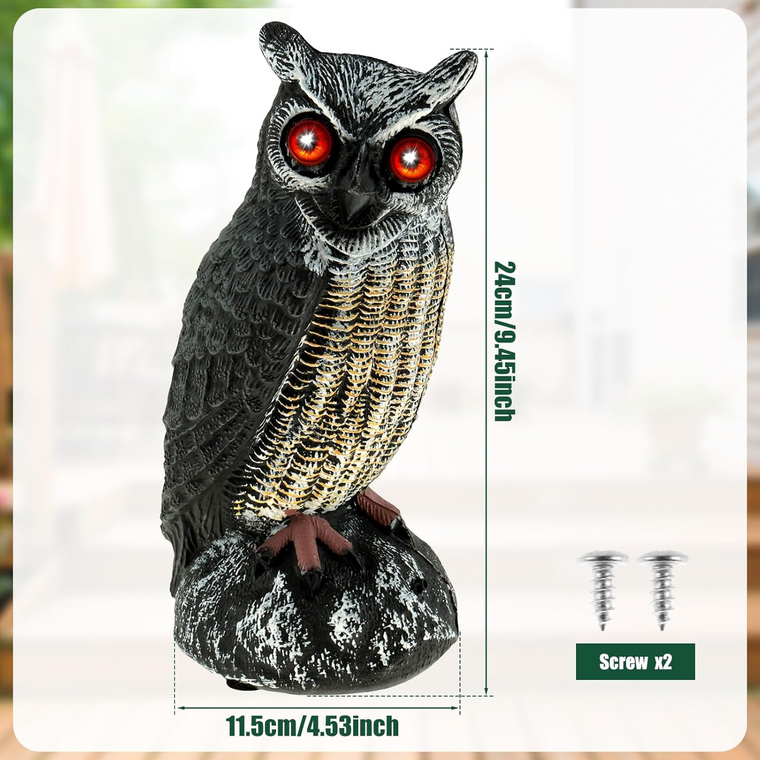 Owl Decoy to Scare Birds Away, Solar Powered Fake Owl Scarecrow Plastic Owls Waterproof Owl Statue with Flashing Eyes & Scary Sound Bird Deterrents for outside Garden Yard Patio (Black)