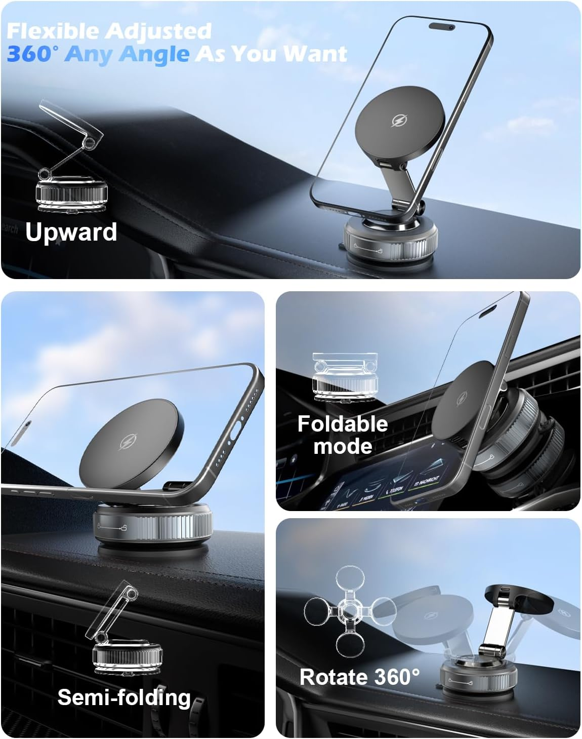 Cloudvalley 15W Magnetic Wireless Car Charger Mount, Nano Gel Vacuum Suction Cup Phone Holder for Dashboard & Windshield, Foldable 360&deg; Adjustable Cell Phone Charging Stand Compatible with Magsafe