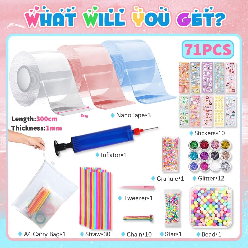 71PCS Nano Tape Bubble Kit with Carry Bag A4,TINY SPARK Nano Bubble Tape Kit with 30Pcs Straws,12Pcs Glitter and Inflator,10Pcs Stickers,Colorful Beads&Accessories,Bubble Balloons DIY Party Favors - Blue image number 3