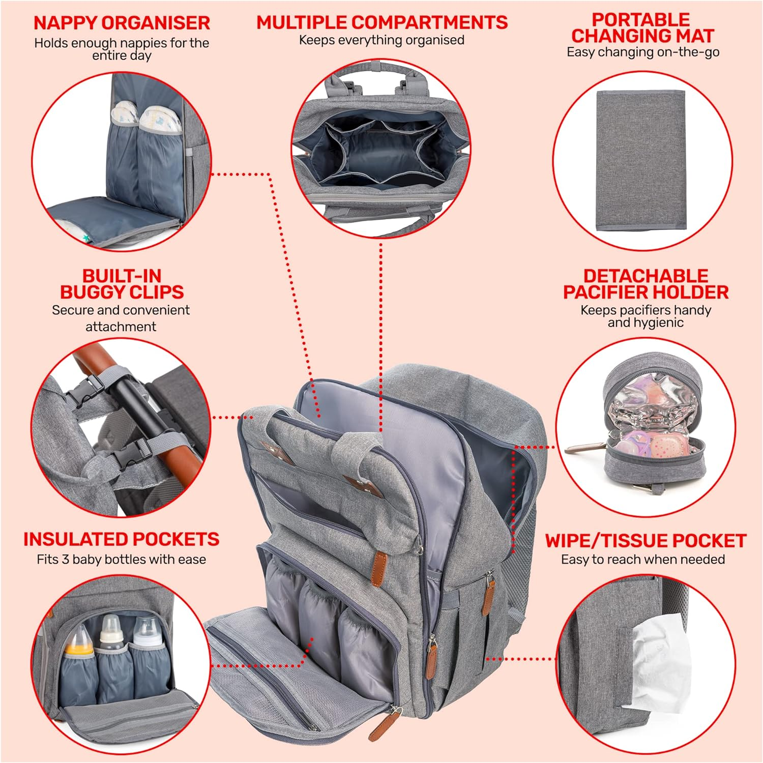 Royal Rascals Baby Changing Bag Backpack, Nappy Bag Backpack for Mum & Dad, Diaper Bag, Baby Bag - Stores Nappies, Bottles, Wipes Dispenser & More - Includes Portable Baby Changing Mat image number 2