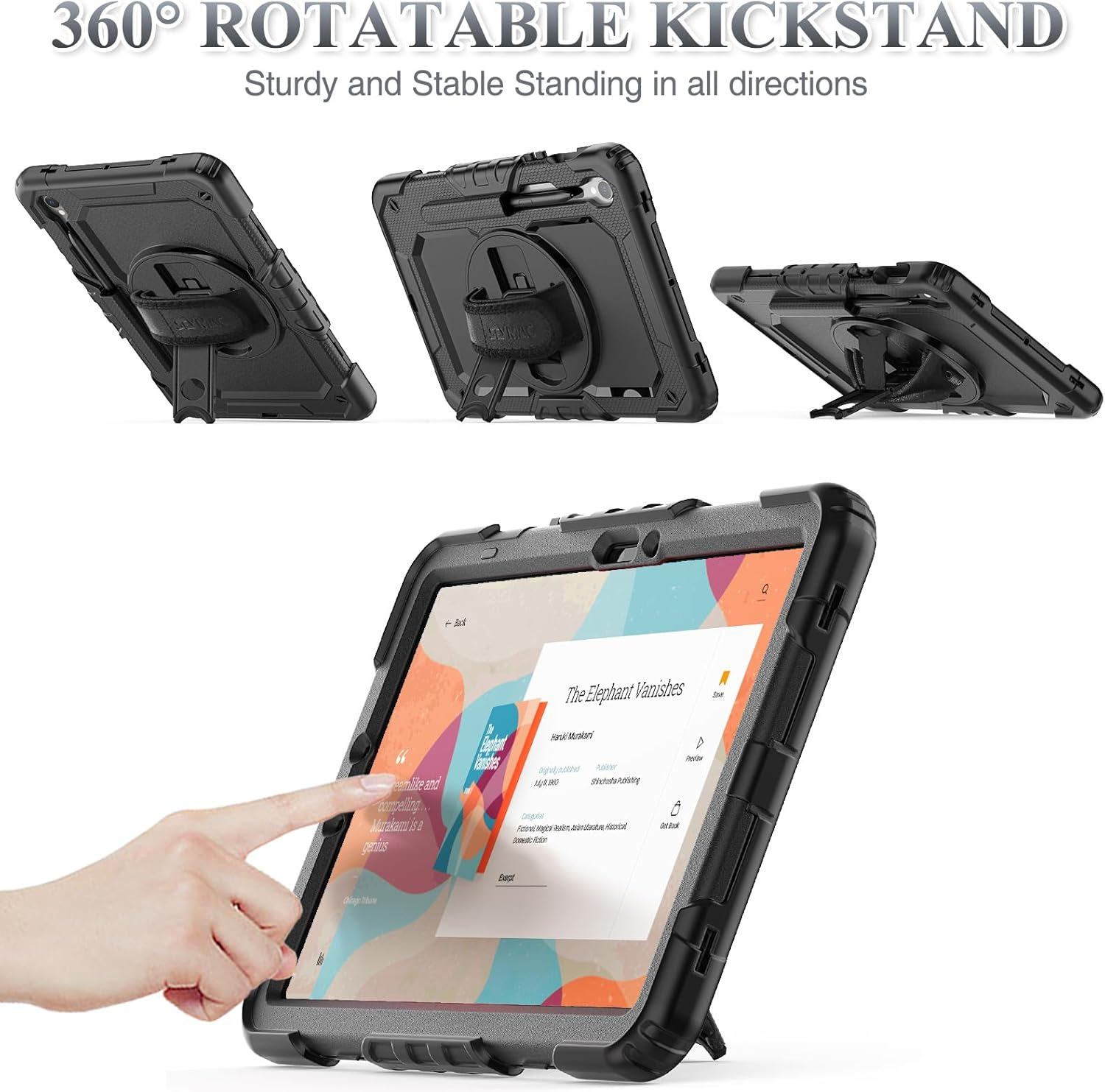 SEYMAC Stock Case for Samsung Galaxy Tab S10 FE/S9/S9 FE 5G 2025/2023 with Screen Protector | Pencil Holder [360 Rotating Hand Strap] &Stand, Drop-Proof Case 10.9"/11'', Black image number 2