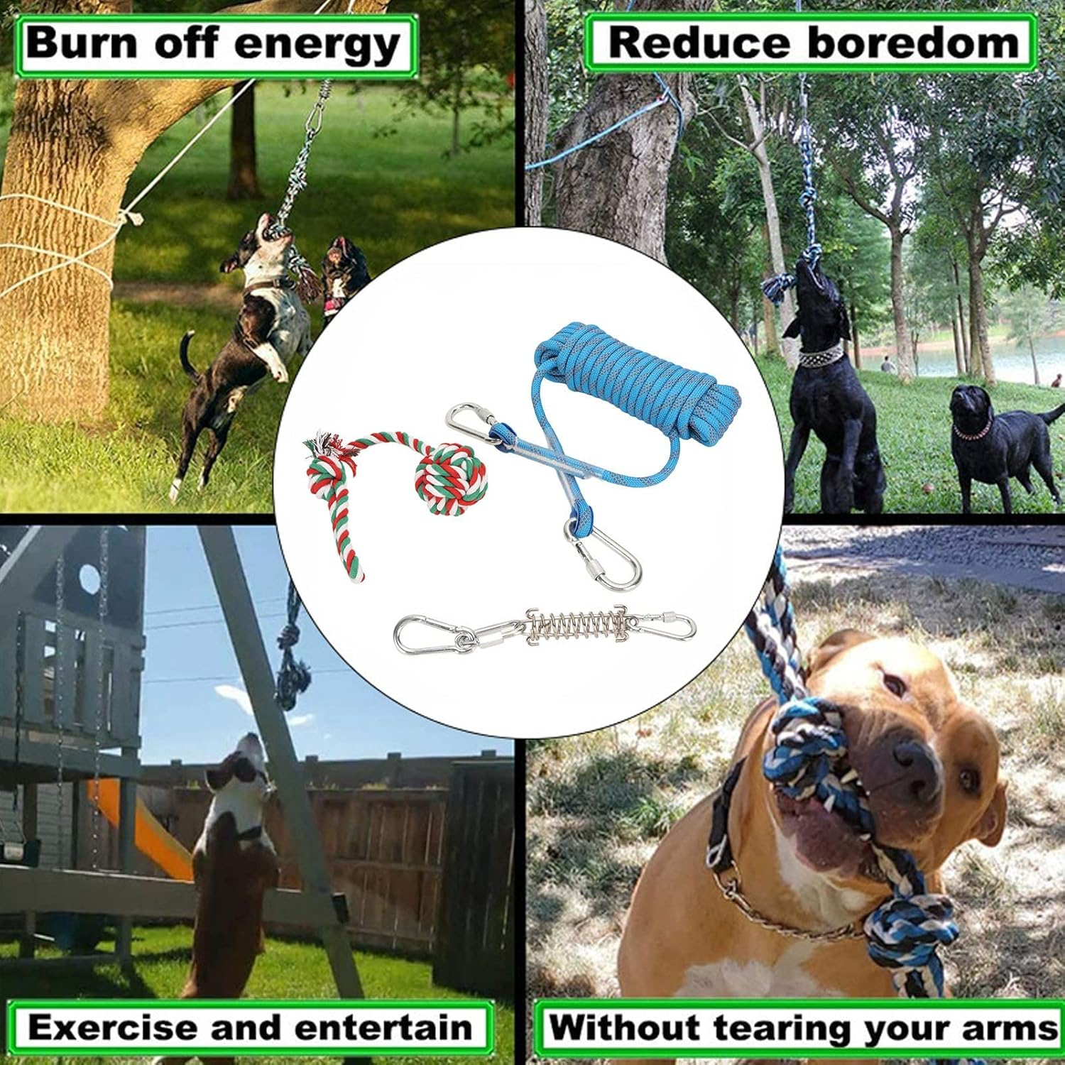 32.8Ft Spring Pole Dog Rope Toys, Stainless Steel Adjustable Height Heavy Duty Muscle Builder Interactive Tether Tug Toy, Bungee Dog Toy Outdoor Hanging Toys for Large Dogs image number 2