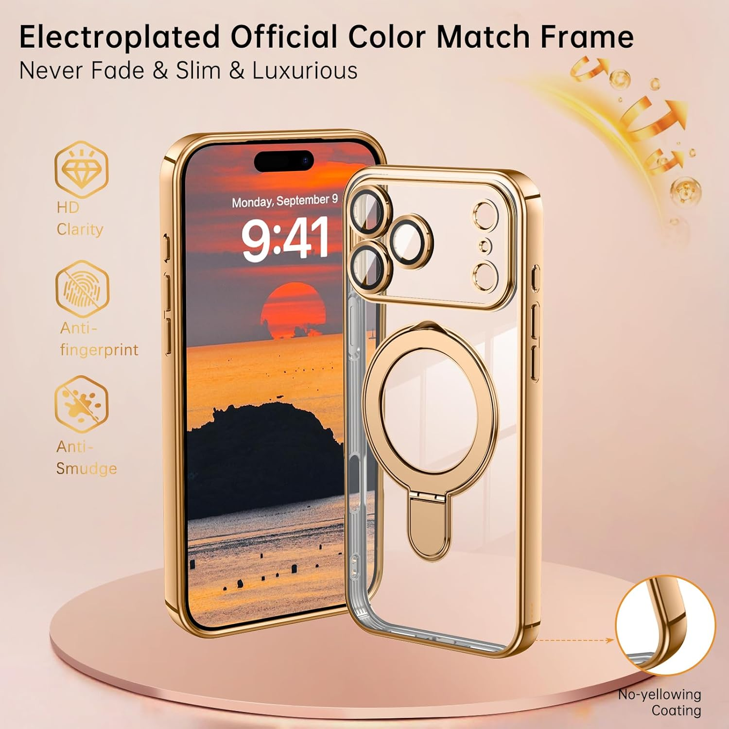 Gaobao Case for Iphone 17 Pro Max, Mobile Phone Case Iphone 17 Pro Max with Invisible Magnetic Ring Stand [Compatible with Magsafe] Coating, Transparent Back Protective Case, Gold image number 3