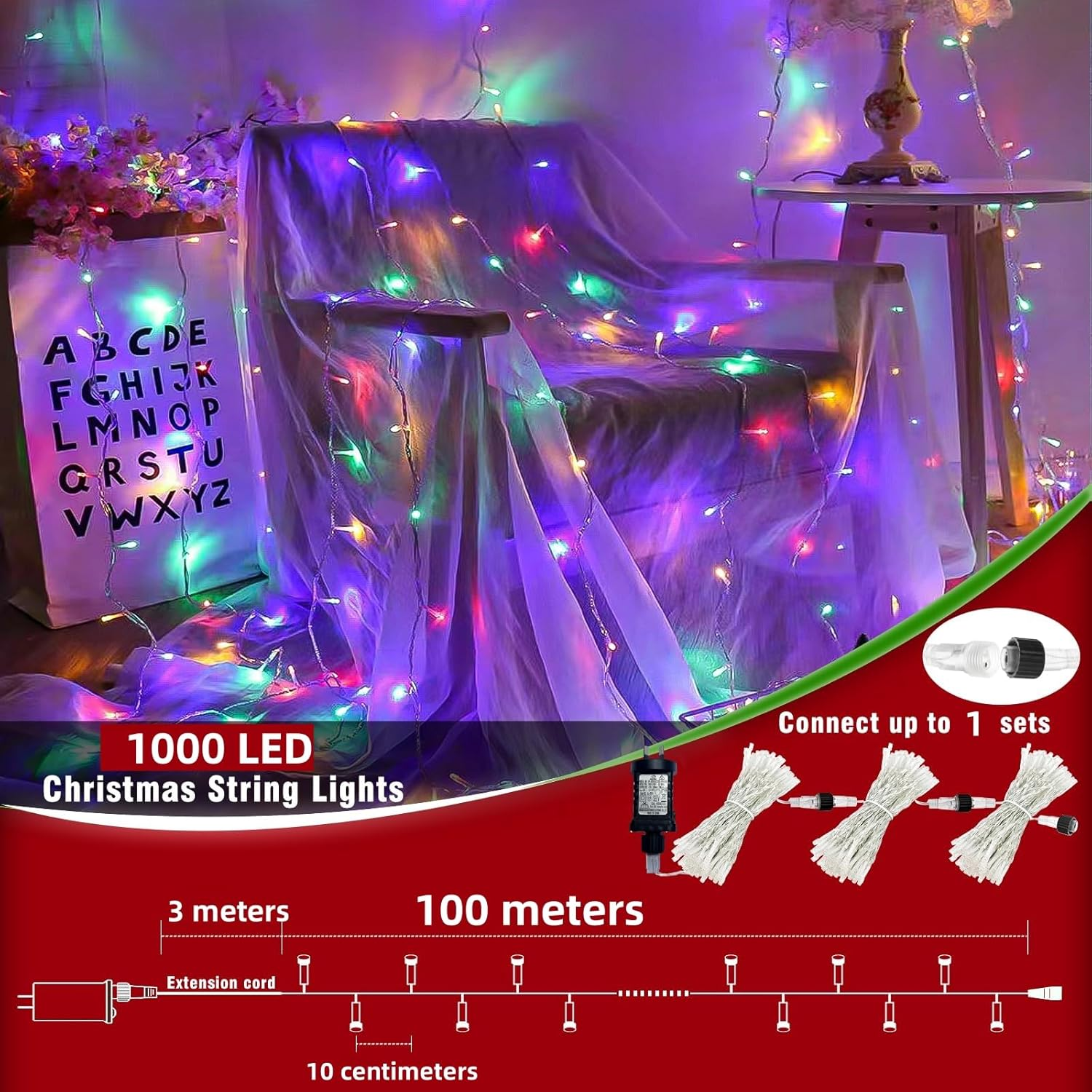 100M/1000 LED Multicolor Fairy Lights Christmas String Lights Indoor Outdoor Waterproof, SAA Approved 31V Adapter 8 Lighting Modes, for outside Tree Bedroom Wedding Party Ceiling Home Decorations image number 3