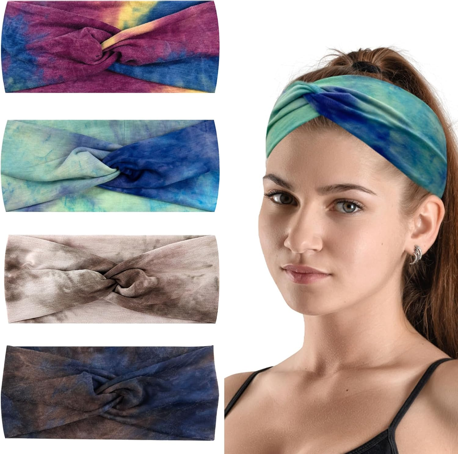BSITSSS 4 X Women'S Hair Bands, Soft Elastic Hair Bands, Wide, Boho Headband, Multicoloured Non-Slip Headbands for Yoga, Workout, Running, Sports