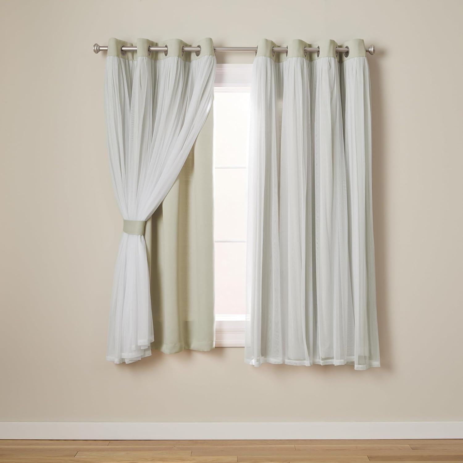 Exclusive Home Catarina Layered Solid Room Darkening Blackout and Sheer Grommet Top Curtain Panel Pair, 52"X63", Sand