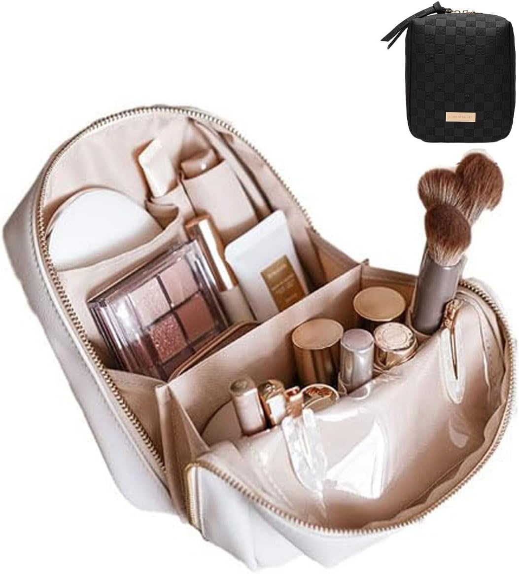 DDPOND Elegant Portable Plaid Cosmetic Bag for Women with Compartments Large Capacity Travel Makeup Bag for Purse (Pink)