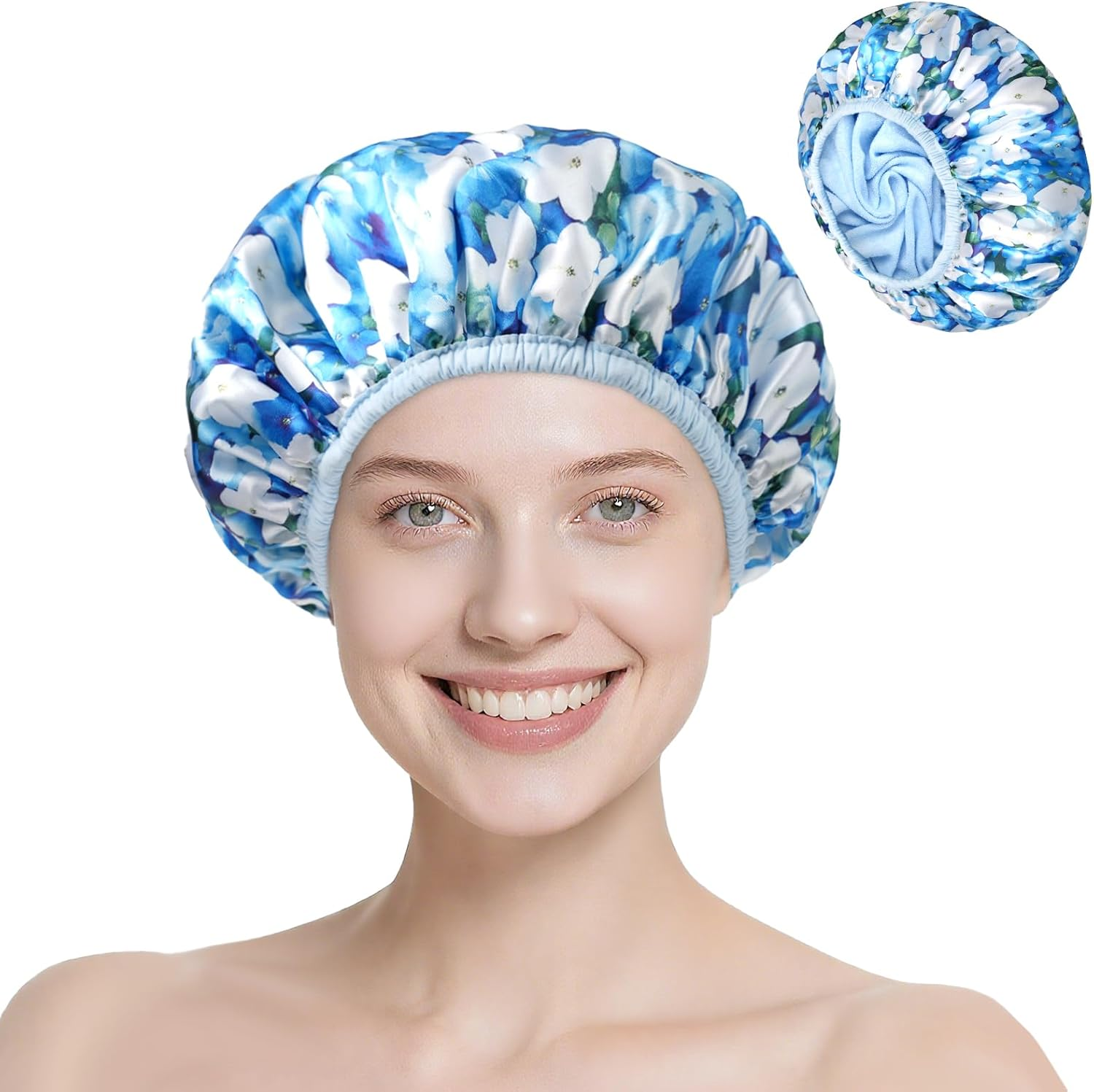Upgraded Waterproof Terry Shower Caps, Reusable Shower Cap for Women with Long Hair, Soft Absorbent Hair-Protecting Towel Lining Bath Cap, Large Leak-Proof Hair Cap with Fashionable Print Outer-Blue