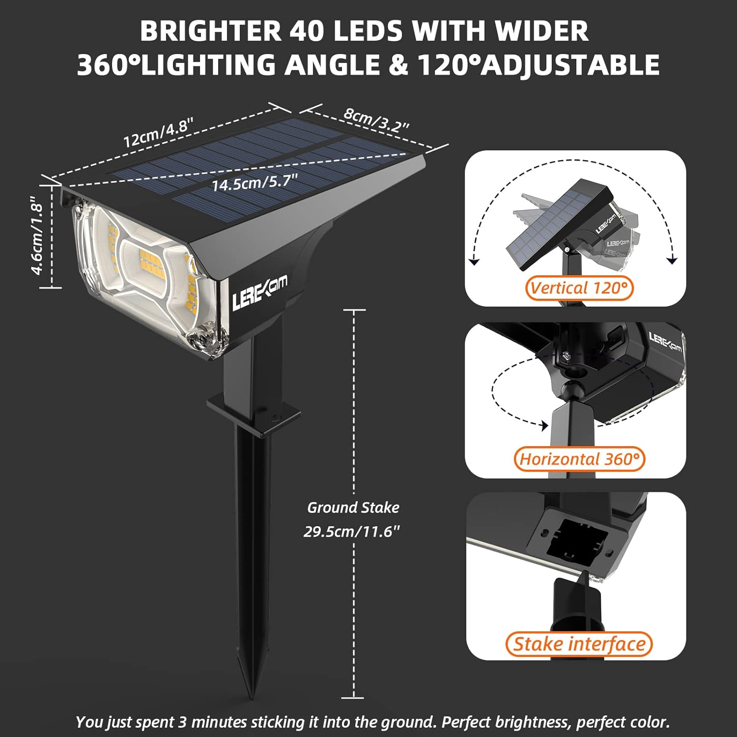 3 Brightness Modes Solar Outdoor Lights with Super Bright 40Leds, 360 Adjustable Lighting Angle, USB Charging, Longer Working Time, Waterproof, Patio, Porch, Driveway image number 5