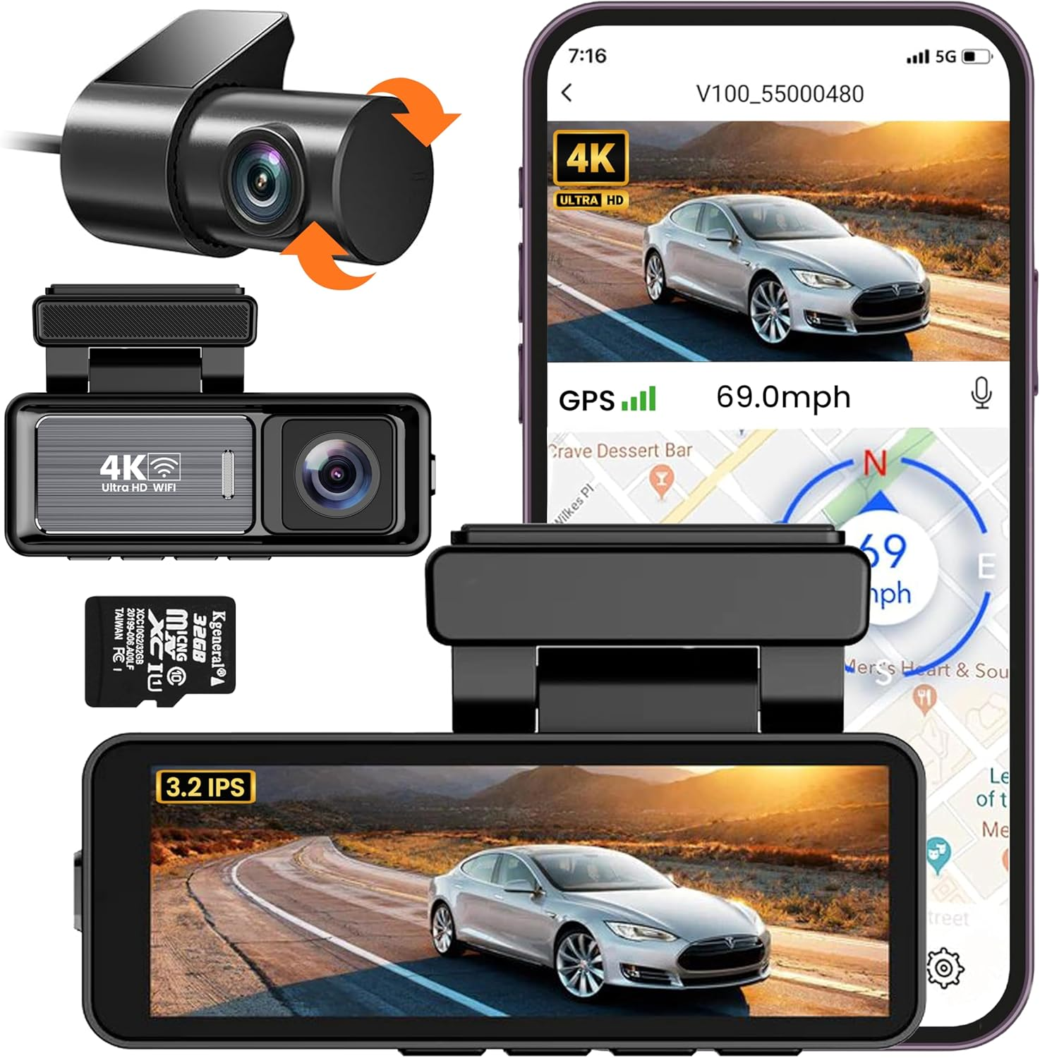 RFAQK Dash Cam 4K Front and Rear - Full HD 1080P Dash Camera, 4K Car Dashboard Recorder with 3.2&rdquo; IPS Screen & 32GB Card, Wi-Fi GPS Night Vision Loop Recording 170&deg;, Wide Angle WDR and Parking Monitor image number 1