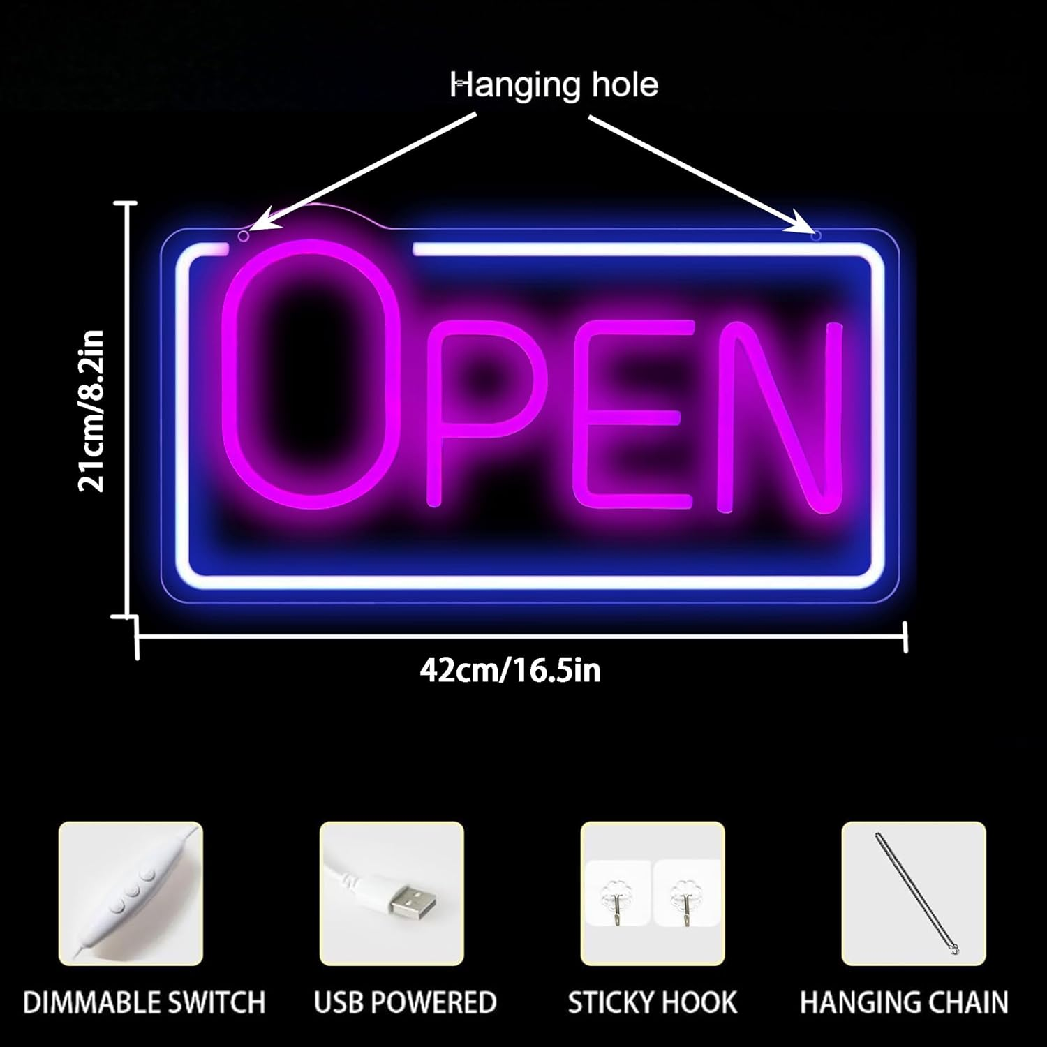 QXMH Open Signs for Business: Bar Open Neon Signs, Dimmable LED Lamp, USB Powered Bright LED with High Visibility 16.5 X 8.2 Inches image number 5