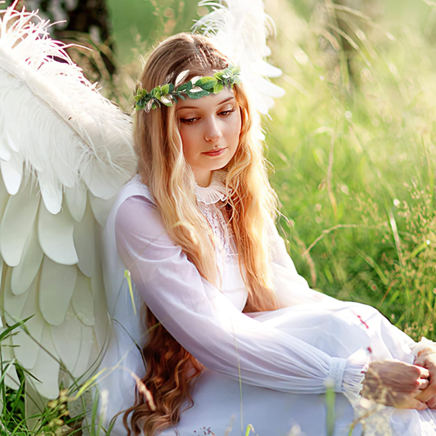 MOSTORY Handmade Fairy Woodland Crown - Forest Elf Headband Flower Circlet Elven Leaf Wreath for Renaissance Halloween Cosplay Women Girls Photoshoot Green Gold image number 4