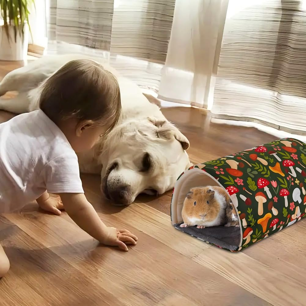 2 Pieces Guinea Pig House and Tunnel Hideout Soft Plush Semi-Enclosed Rabbit Bed House with Thick Washable Pad Winter Small Pet Hideaway Cage Accessories for Ferrets Hamsters Hedgehog Dwarf (Set 2) image number 4