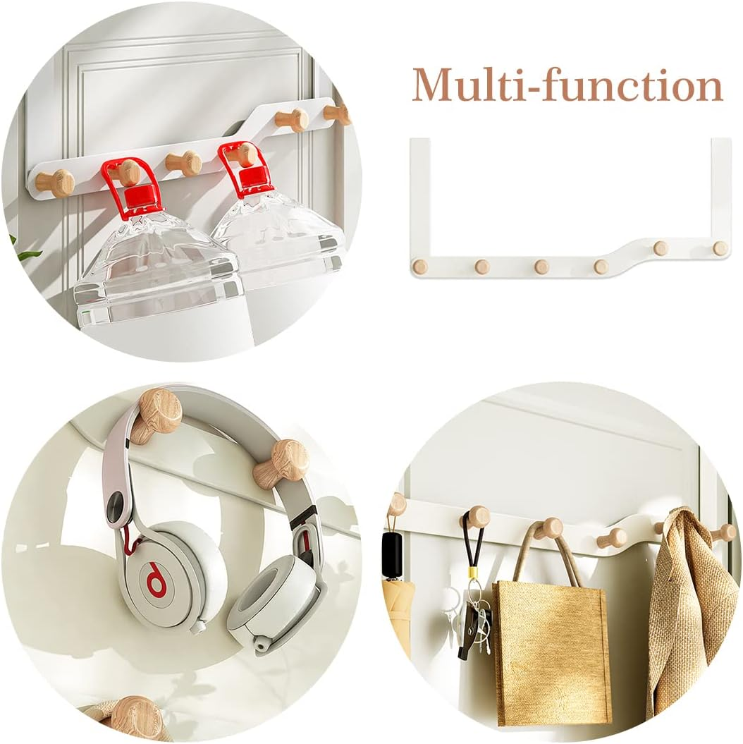 Dynus over the Door Hook Hanger with 6 Wooden Door Hooks, Metal Coat Rack for Coat Towels Bags,Back of Living Room,Bedroom,Bathroom, Kitchen, or Office (White) image number 2