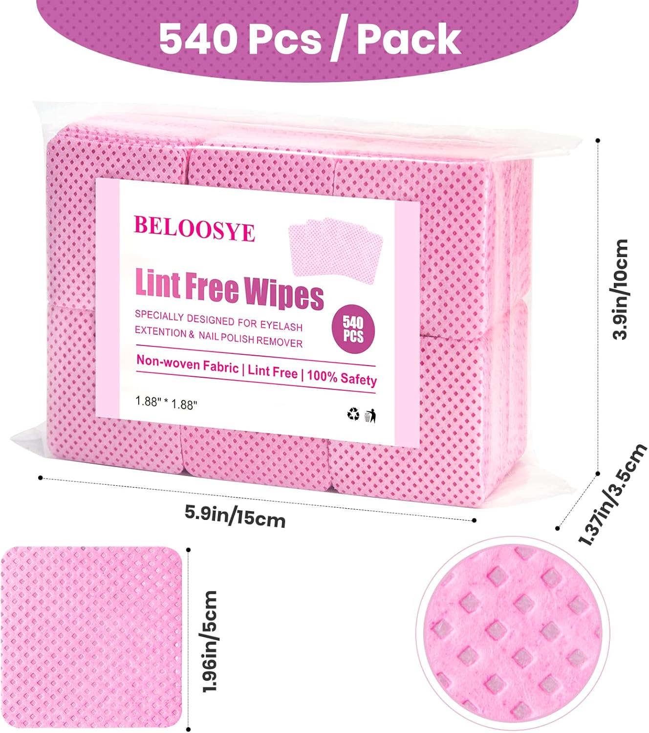 540 PCS Lint Free Nail Wipes, Eyelash Extension Glue Wipes, Super Absorbent Soft Non-Woven Fabric Nail Polish Remover Wipes, Cleaning Pad Cloth for Lash Extension Supplies & Nail Polish Bottle(Pink) image number 1
