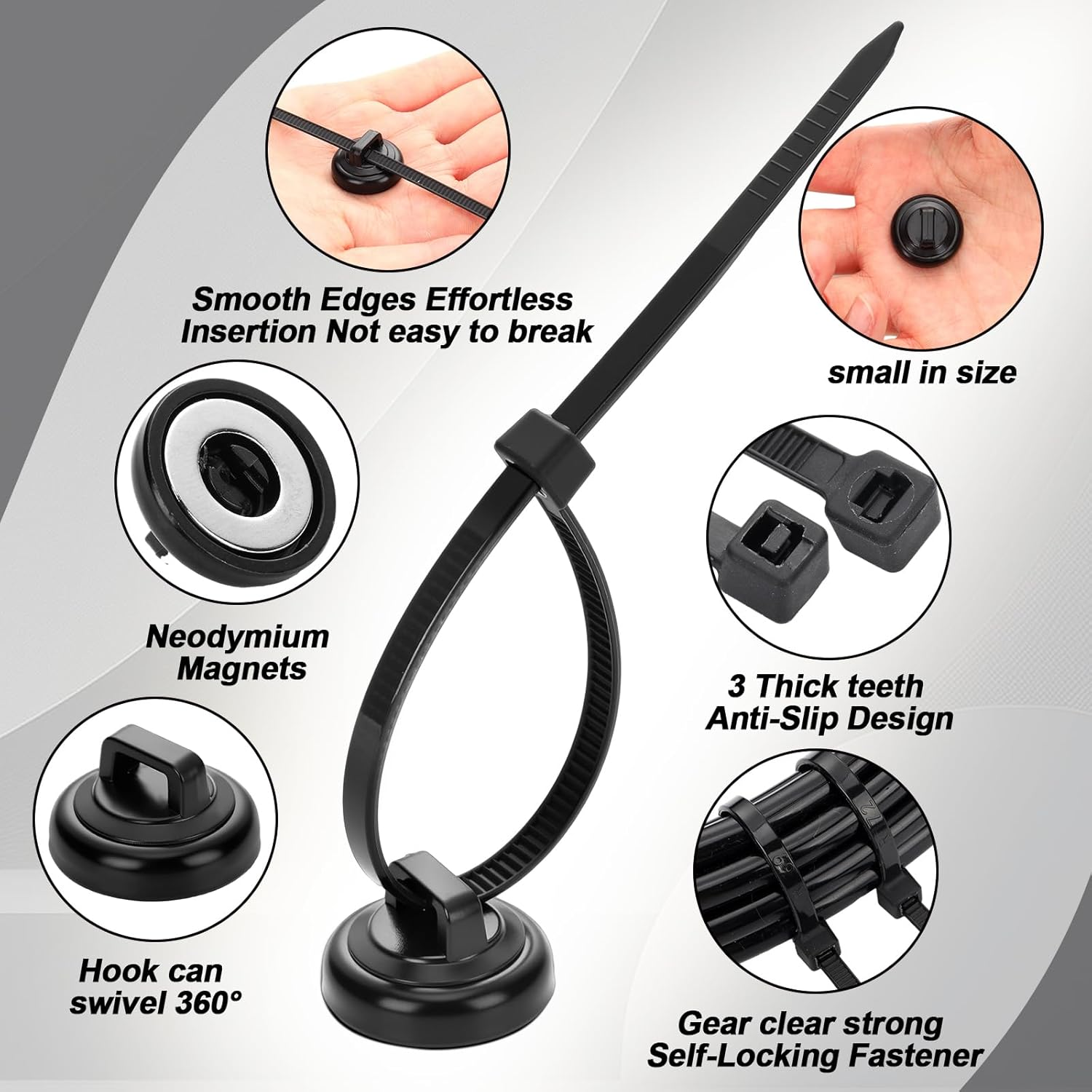 Leinuosen 100 Set Magnetic Zip Tie Mount and Nylon Cable Ties, 19 Mm Multipurpose Wire Cable Holder Mount Wire Clips Management Electrical Organization Supplies image number 2