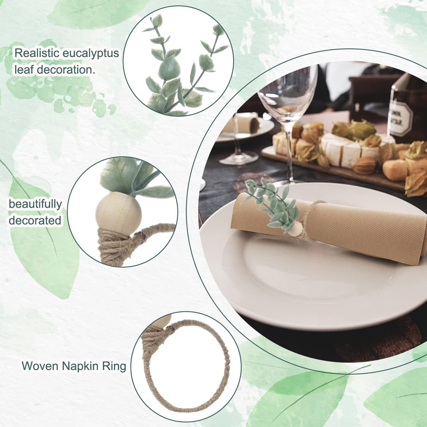 Eucalyptus Napkin Rings Set of 12 - Green Leaf Spring Wood Bead Rustic Rings for Christmas, Wedding, Thanksgiving, Easter Table Decoration image number 1