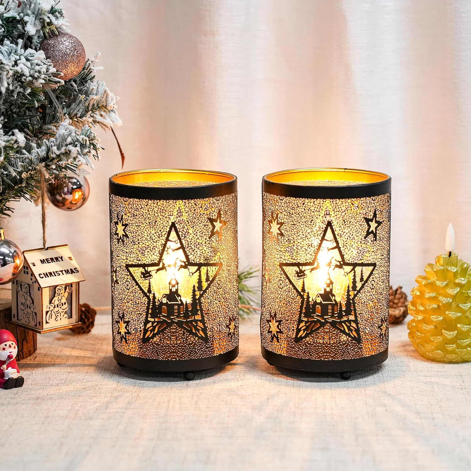 TRIROCKS Set of 2 Metal Table Lamp, Decorative Lantern with Cutout Star & Castle Design for Home, Living Room, Garden, Yard, Party, Events, Tabletop, Indoor（Black） image number 5