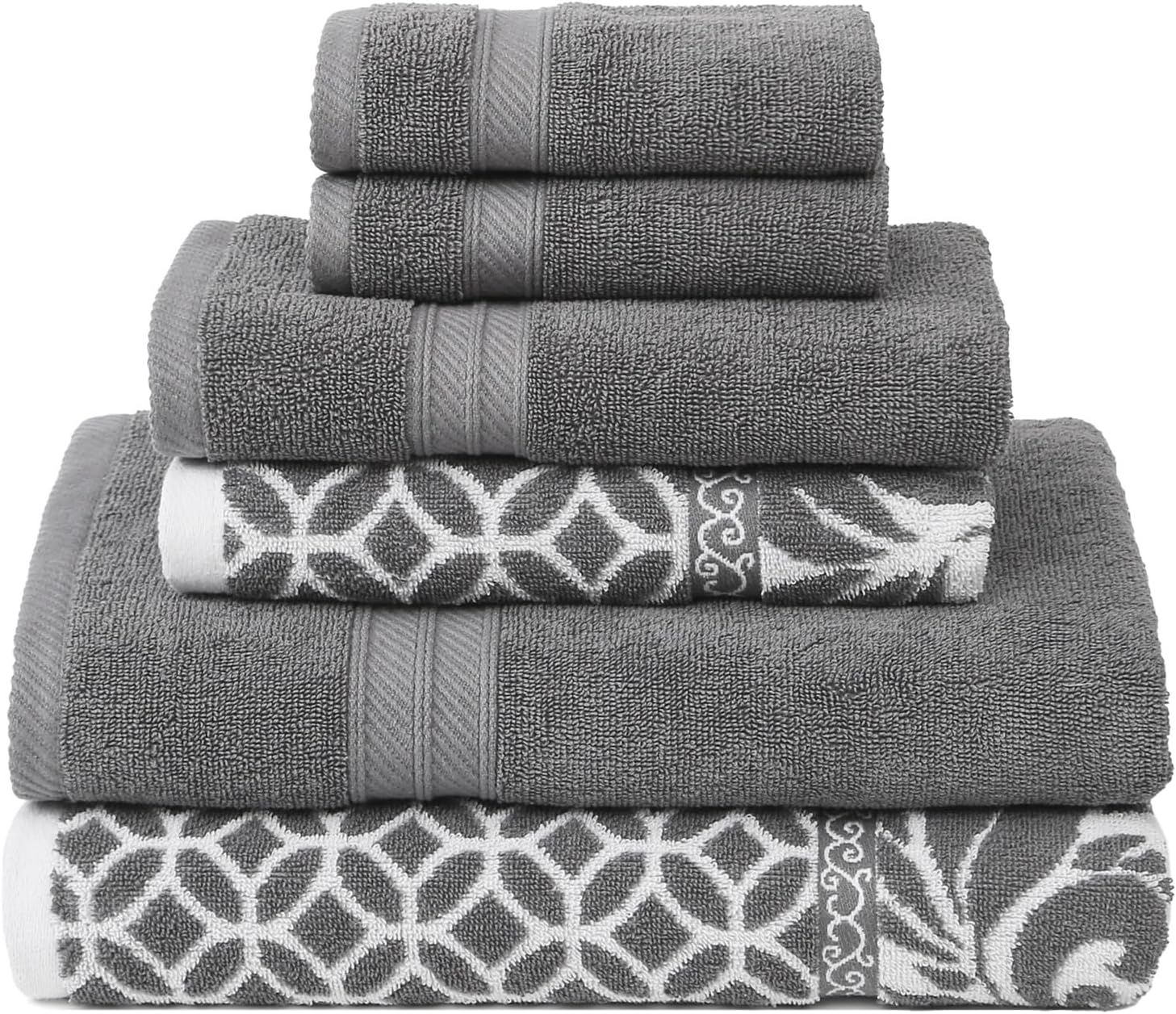 Modern Threads Trefoil Filigree 6-Piece Reversible Yarn Dyed Jacquard Towel Set - Bath Towels, Hand Towels, & Washcloths - Super Absorbent & Quick Dry - 100% Combed Cotton