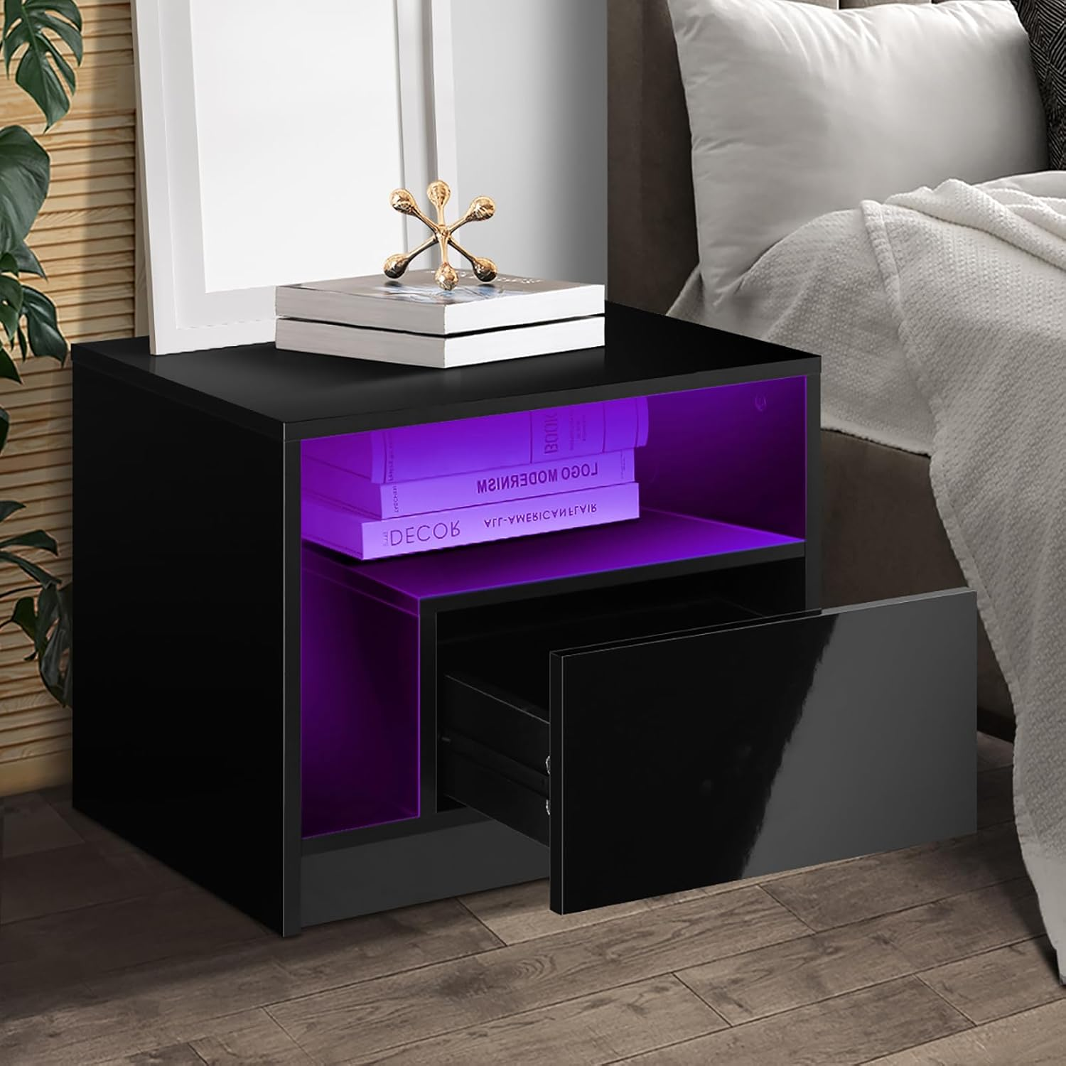 Oikiture LED Bedside Table High Gross Nightstand Drawer Home Furniture Black image number 5