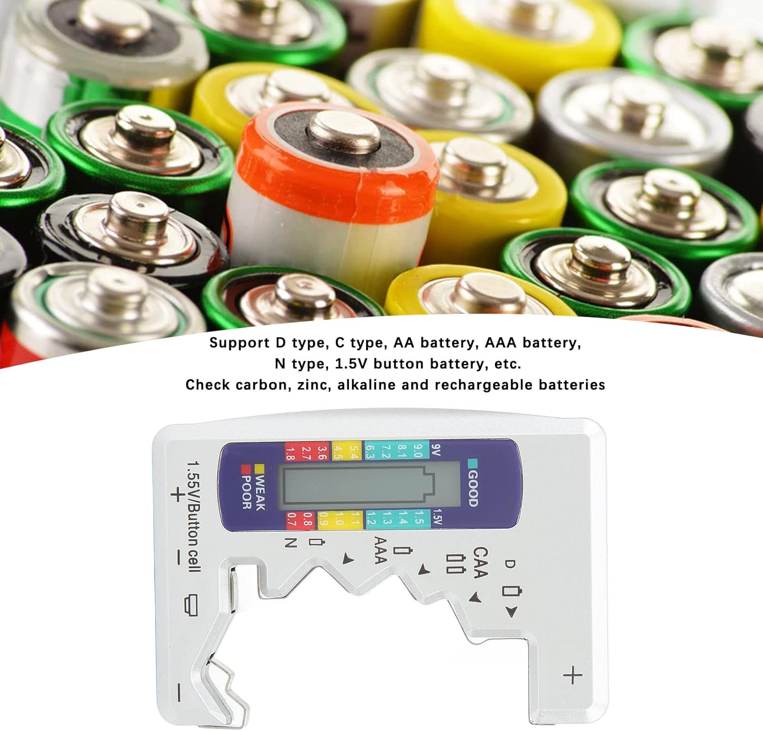 Battery Tester, Universal LCD Display Battery Checker Support D C N Type, AA AAA Battery, Button Cell Analyzer Power Measure Volt Checker Meter for Home (Silver)