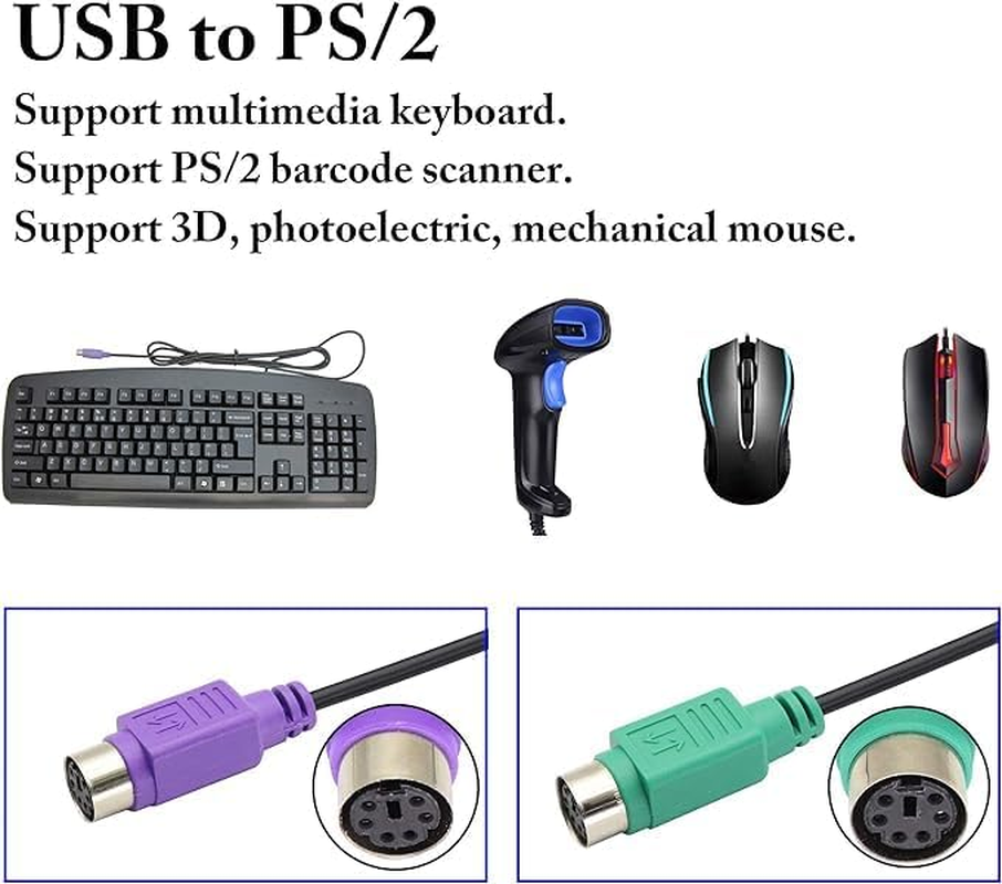 2PCS PS2 to USB Adapter PS2 Keyboard and Mouse to USB Converter Cables Y Splitter Adapter Plug and Play Built-In USB IC Support PS2 Port of KVM Switch (20Cm) image number 5