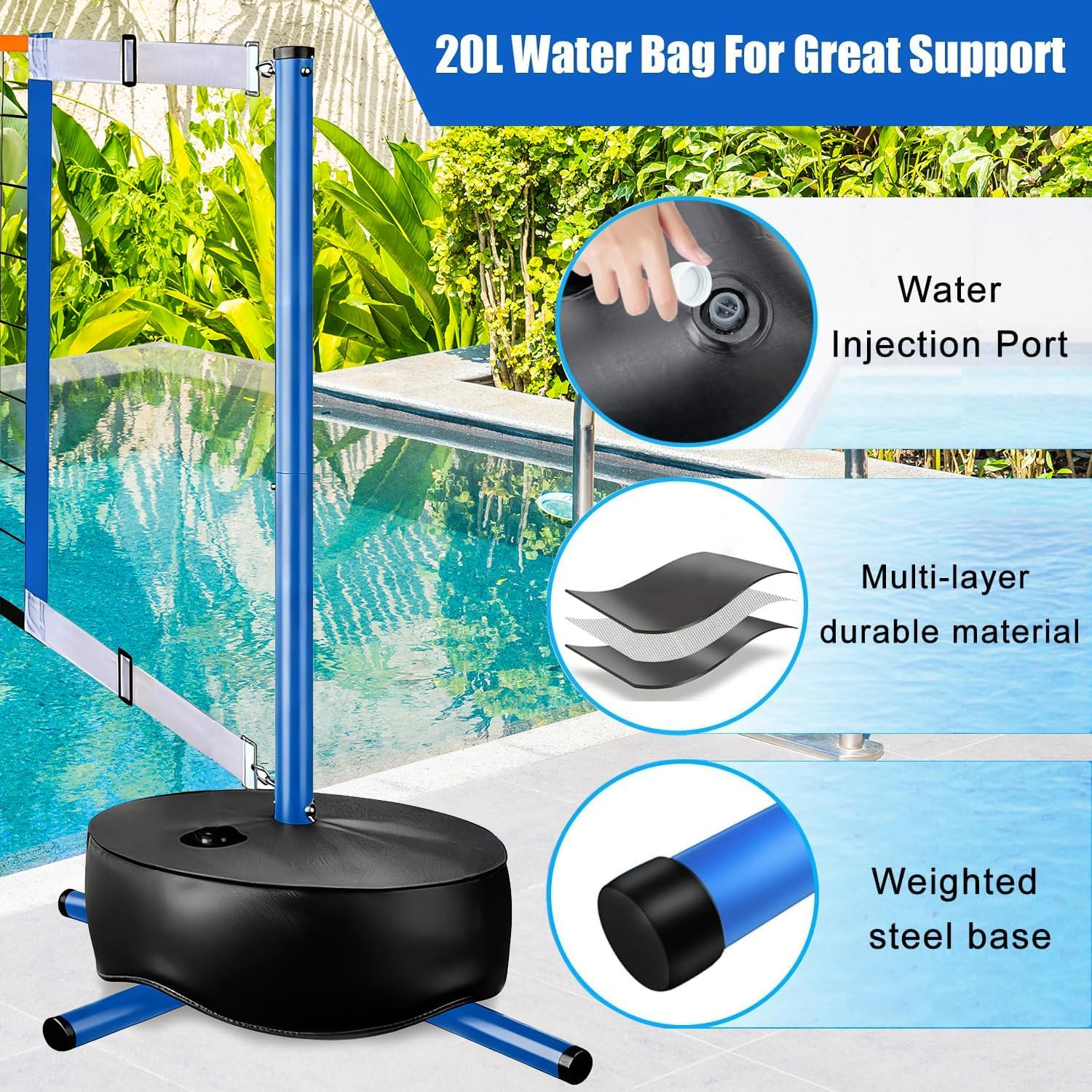 Portable Volleyball Set for Pool Games - Adjustable 15-25FT Net System with 2 Balls & Sturdy Base, Perfect for Tennis and Pickleball image number 1