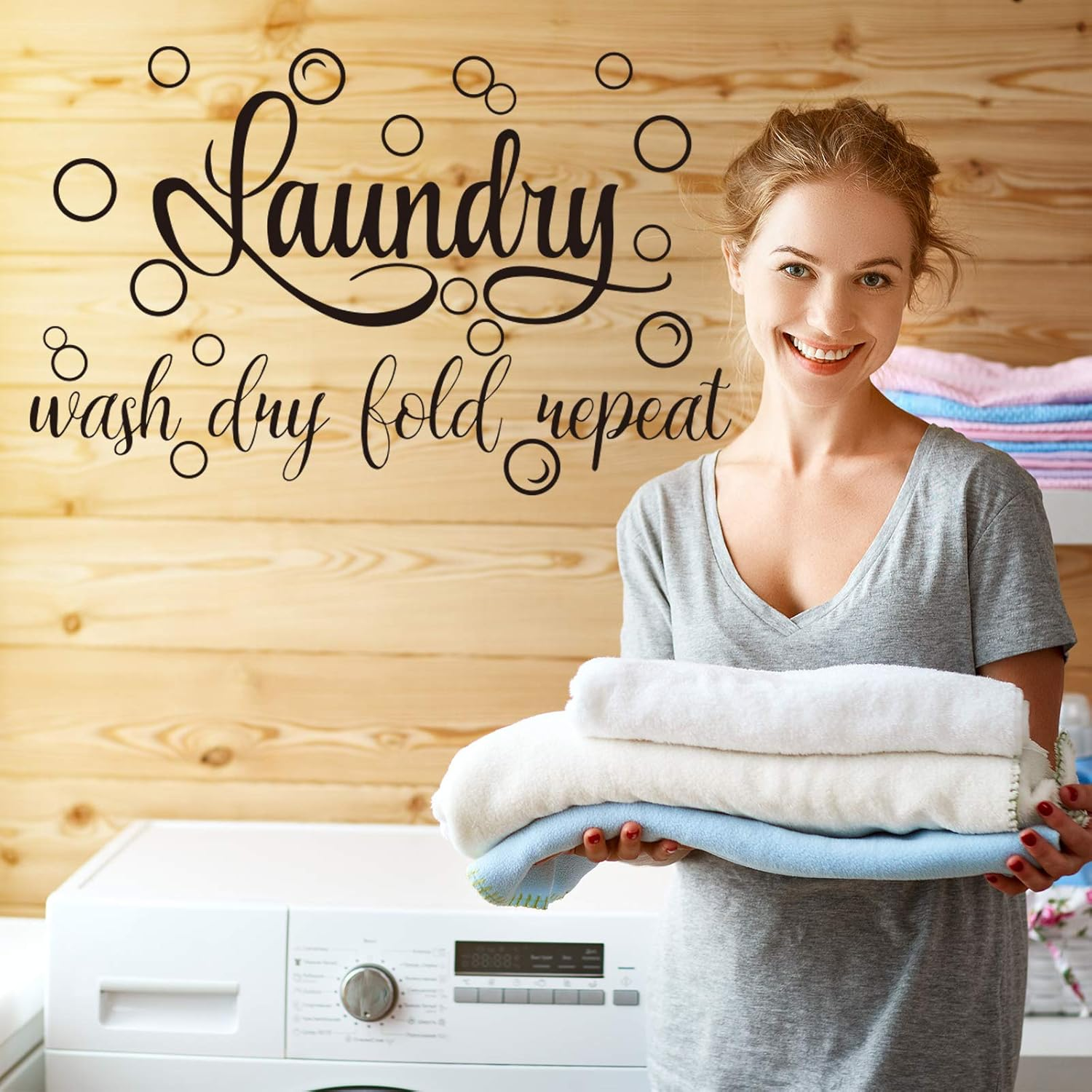 Zonon Laundry Room Sign Decals Decor Bubble Quote Stickers Wash Dry Fold Repeat Wall Signs Arts Funny Laundry Room Signs for Bathroom Home Decorations Supplies(13.8 X 21.7 Inch,Black) image number 5