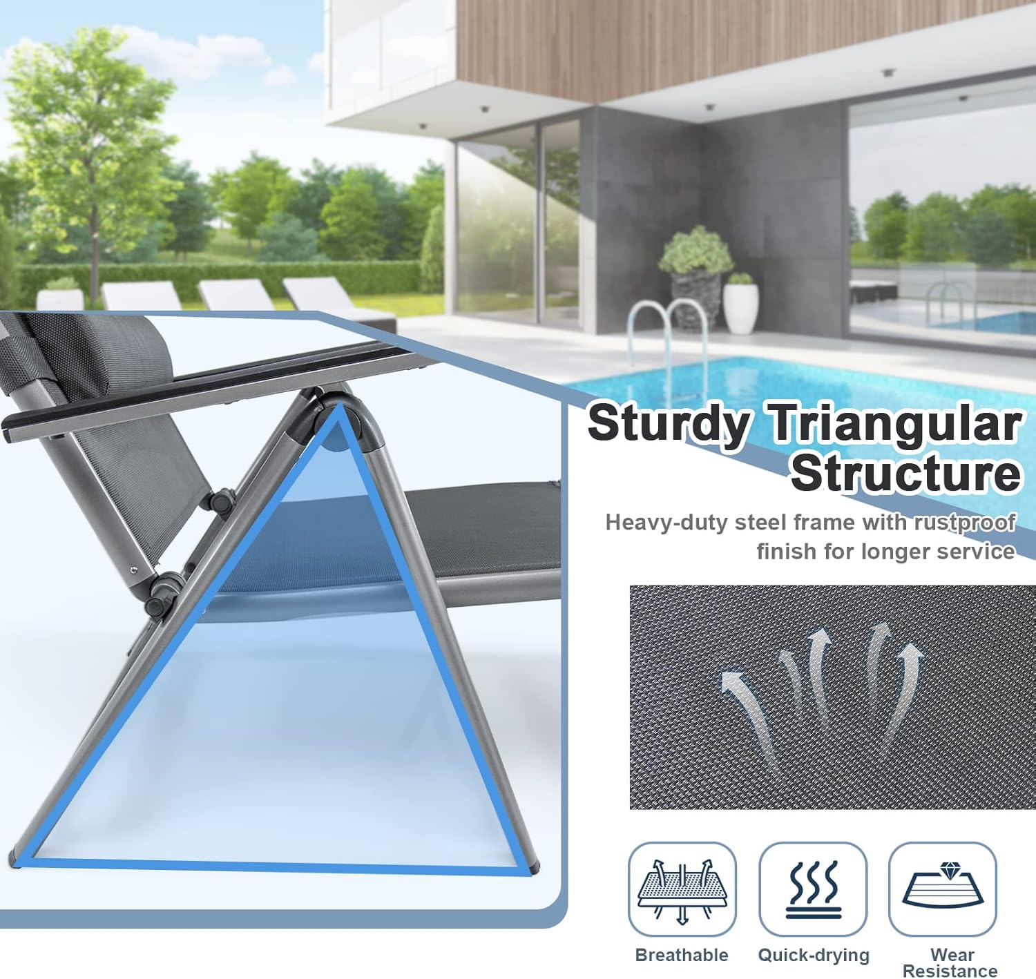 Costway Patio Lounge Chair, Rustproof Aluminum Chaise Lounge Chair with 8-Position Adjustable Backrest, 2-Postion Footrest, Comfortable Headrest, Outdoor Folding Reclining Chair for Outside image number 4