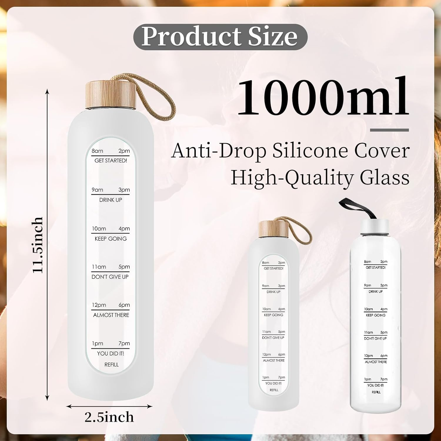 Glass Water Bottle 1 L with Time Markings - 1 Litre Leak-Proof Sports Glass Water Bottle with Bamboo Lid for Sports, Leisure, 1000 Ml Reusable Shatterproof Silicone Cover Water Bottle (White) - Blue image number 4