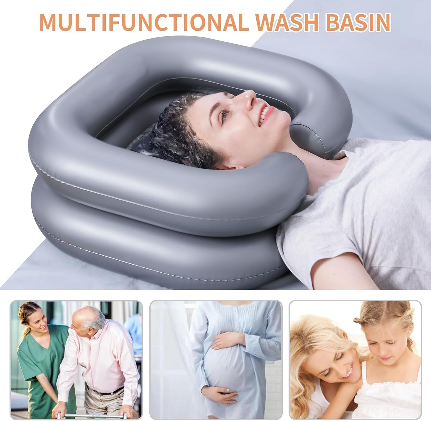 Cozioz Portable Inflatable Shampoo Bowl - Hair Washing Basin for Home Care & Pregnant Women, Salon & Dreadlock Wash Sink (Silver) image number 2