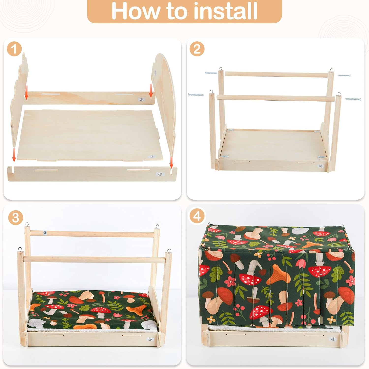 Hedgeink Guinea Pig Bed Wooden Hamster House with Waterproof Mat Rabbit Hideout Small Animal Hide Cage with Door Curtain for Hedgehog Chinchilla Bearded Dragon Ferret Bunny - Mushrooms image number 5