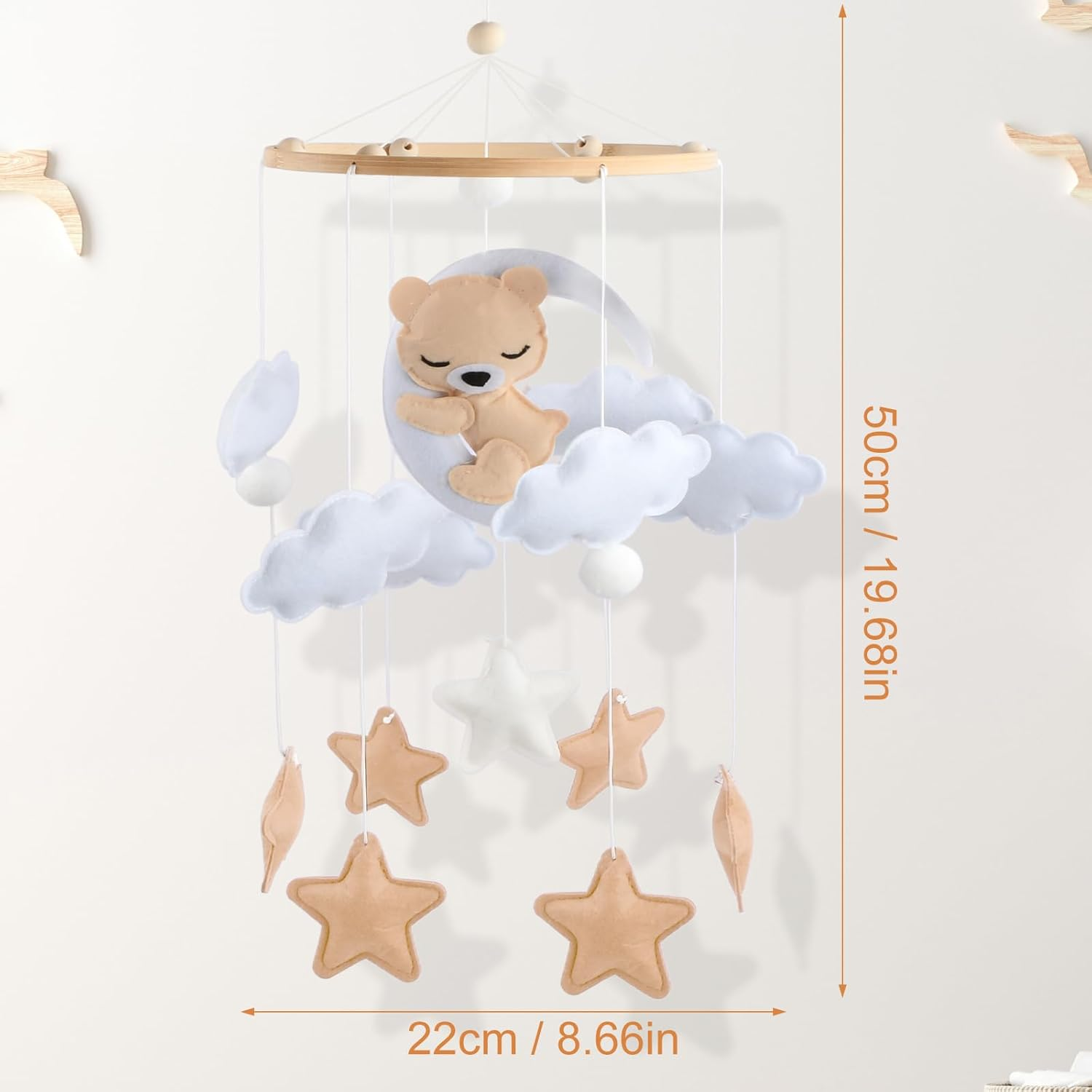 Felt & Wood Baby Mobile for Baby Cot - Snoozing Bear, Handmade, Montessori Hanging Mobile, Sensory Toy for Newborns, Nursery Decoration, Baby Shower Gift (Brown) image number 6