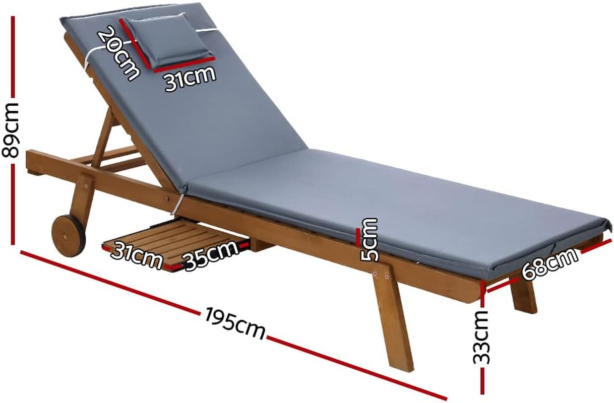 Gardeon Wooden Sun Lounge Camping Chair, Adjustable Backrest Chaise Beach Chair with Wheels, Cushion and Pillow, Outdoor Furniture for Garden, Patio, Poolside and Backyard, Grey image number 3