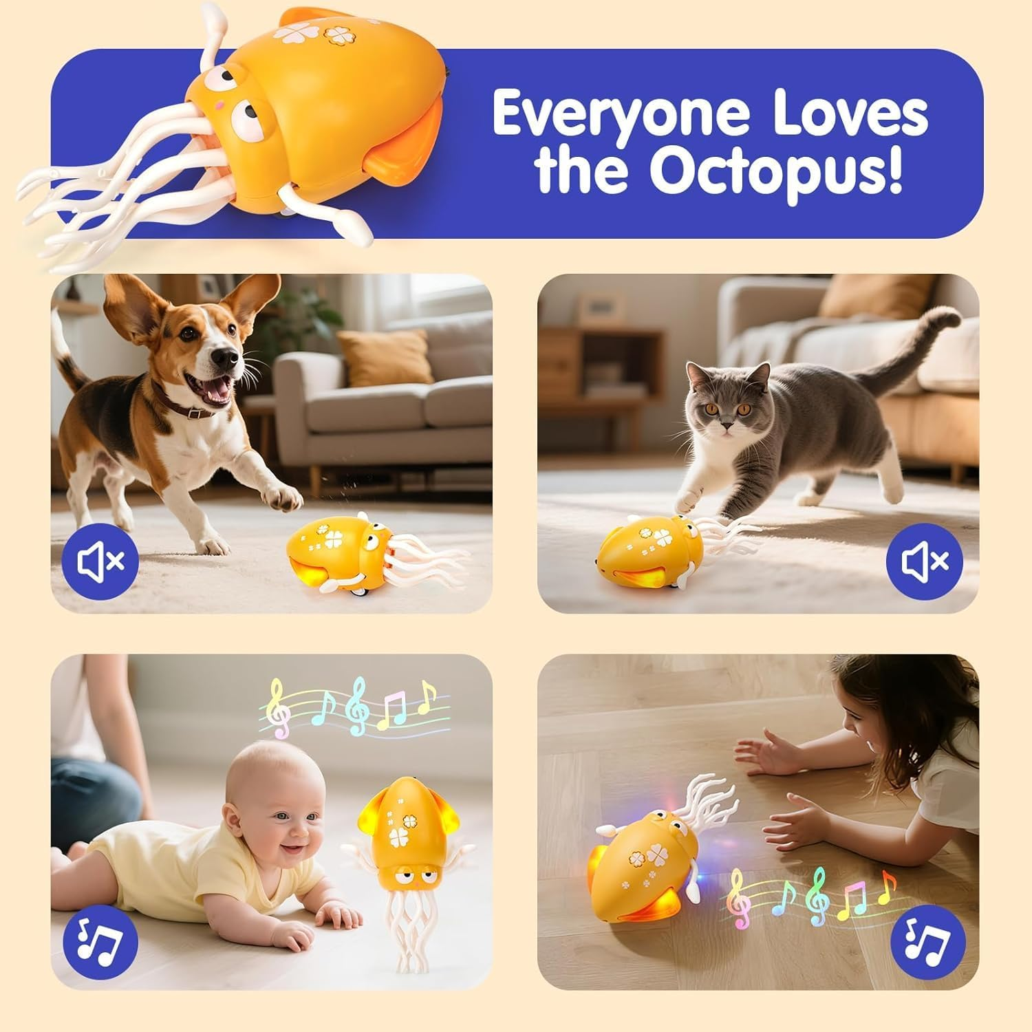 Dancing Octopus Baby Toy, Electric Crawling Octopus Tummy Time Toy, Rechargeable Magic Dancing Music Squid for Kids Boy Girl Birthday Gifts, Funny Squid for Office Desk Decor (Yellow) - Yellow image number 6