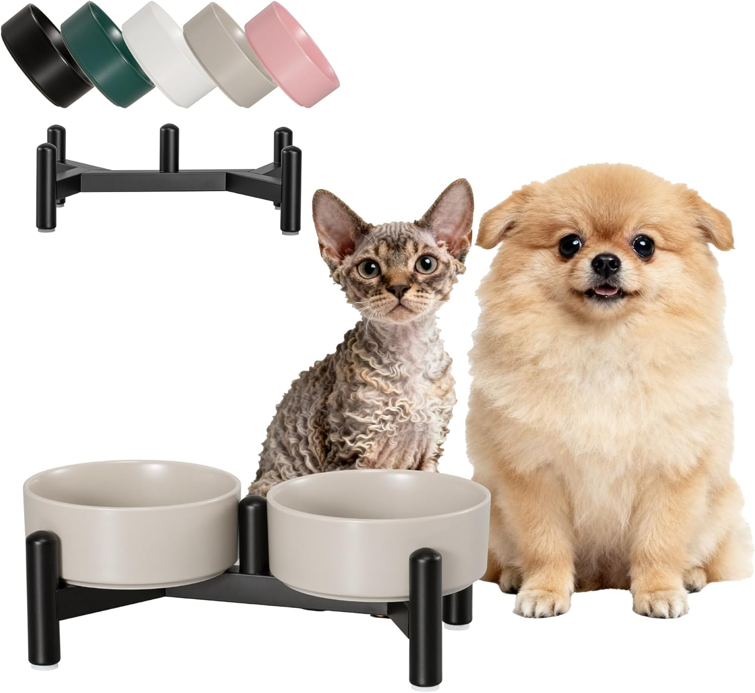 Raised Ceramic Dog Bowl Set - Elevated Double Dishes with Stainless Steel Stand - Food and Water Bowls for Small to Medium Dogs - Each Holds 2 Cups (28.75 Fl Oz) - White