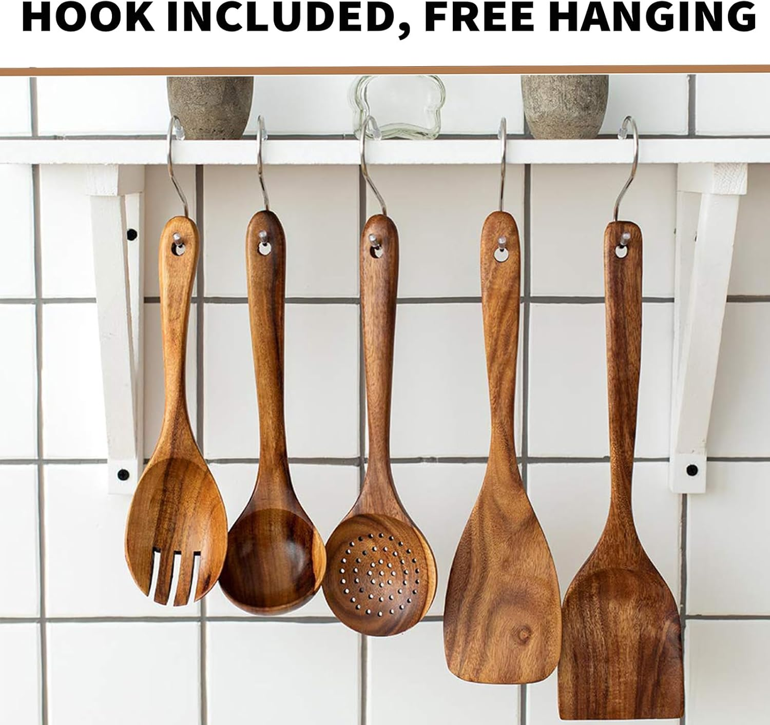 10 Pcs Wooden Cooking Utensils Set, Wooden Spoons for Cooking - Teak Wooden Utensil Set with Holder, Spoon Rest & Hooks - Sturdy, Lightweight and Heat-Resistant image number 6