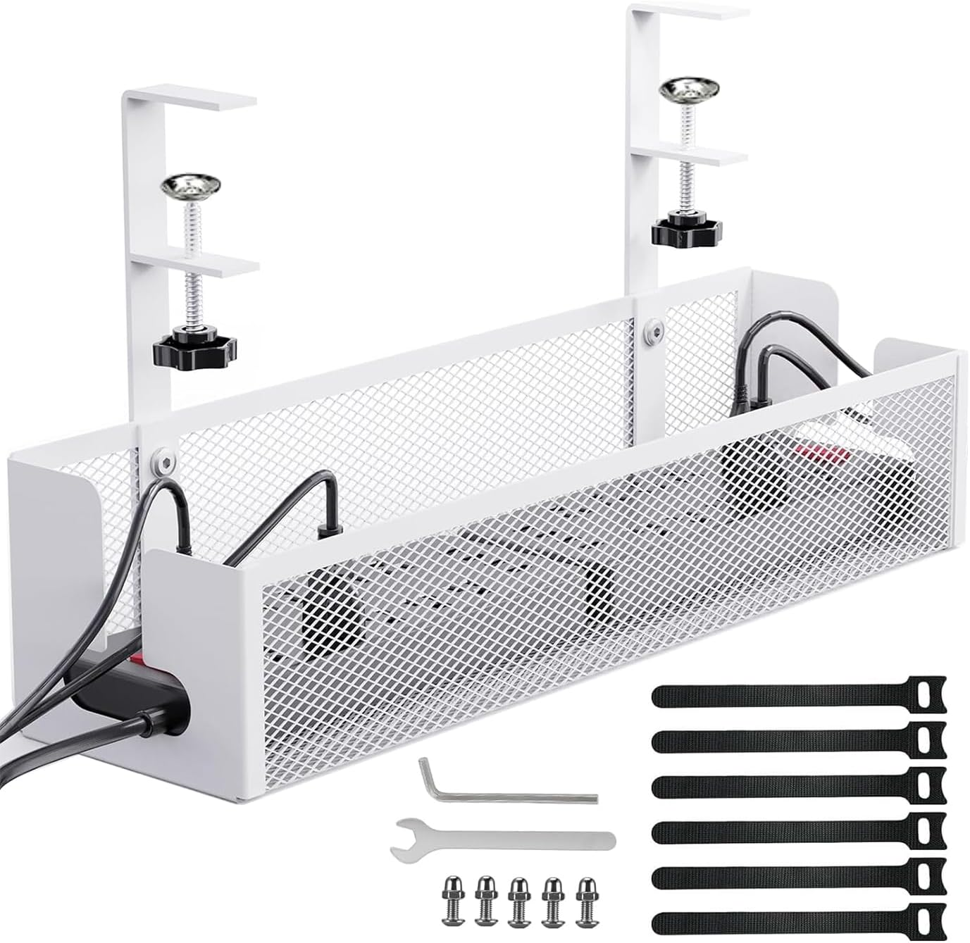 Under Desk Cable Management Tray No Drill, Metal Mesh Cable Management under Desk with Clamp Mount, Table Organizers and Accessories, Cord Storing for Home,Office and Workspace Organizers, Black