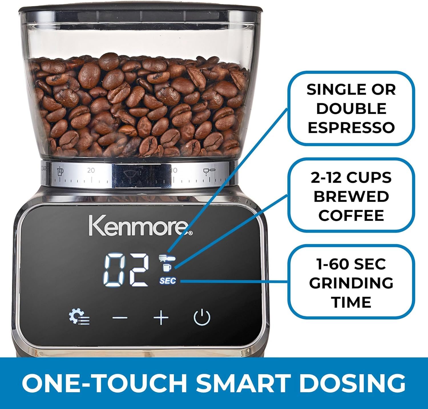 Kenmore Digital Conical Burr Coffee Grinder | 30 Grind Sizes (Fine to Coarse) | Smart Dosing by Cup, Time or Portafilter | Precise Grinding for French Press Drip Coffee Espresso Pour over & Cold Brew image number 6