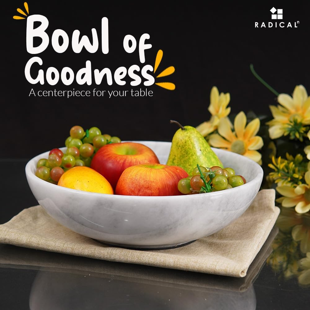Radicaln Marble Fruit Bowl 10" Inches White Handmade Fruits Serving Bowl for Kitchen Organization Farmhouse Kitchen D&eacute;cor Fruits Holder for Dining Table image number 3