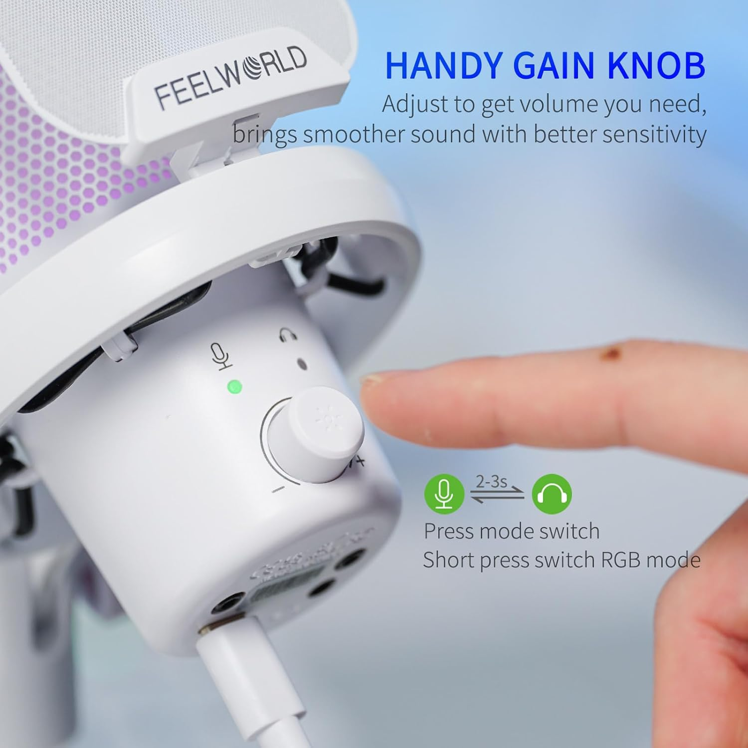 FEELWORLD VM1 White Gaming PC USB Microphone Condenser Mic with Boom Arm Noise Cancellation RGB Light Mute, Computer Accessories for Gamer Youtube Twitch Podcast Streaming Recording Chat PS4 PS5 - Pink image number 2