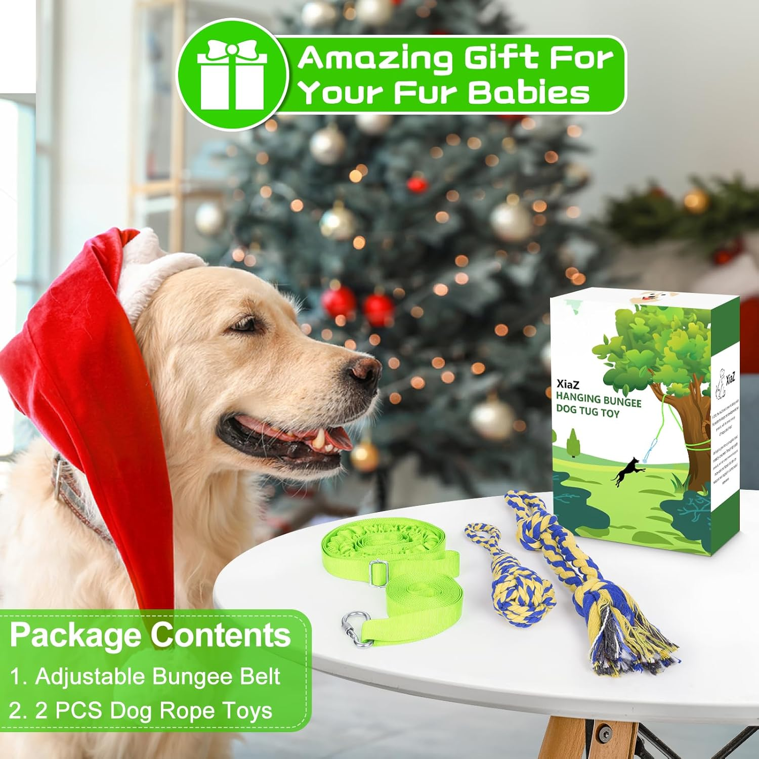 Xiaz Tug of War Dog Toy, Interactive Dogs Toy Bungee Hanging Tether with 2 Chew Rope Toys, Heavy Duty Puppy Outdoor Activity Aggressive Chewers Best Small to Large Boredom Exercise and Play (Green) - Green image number 3