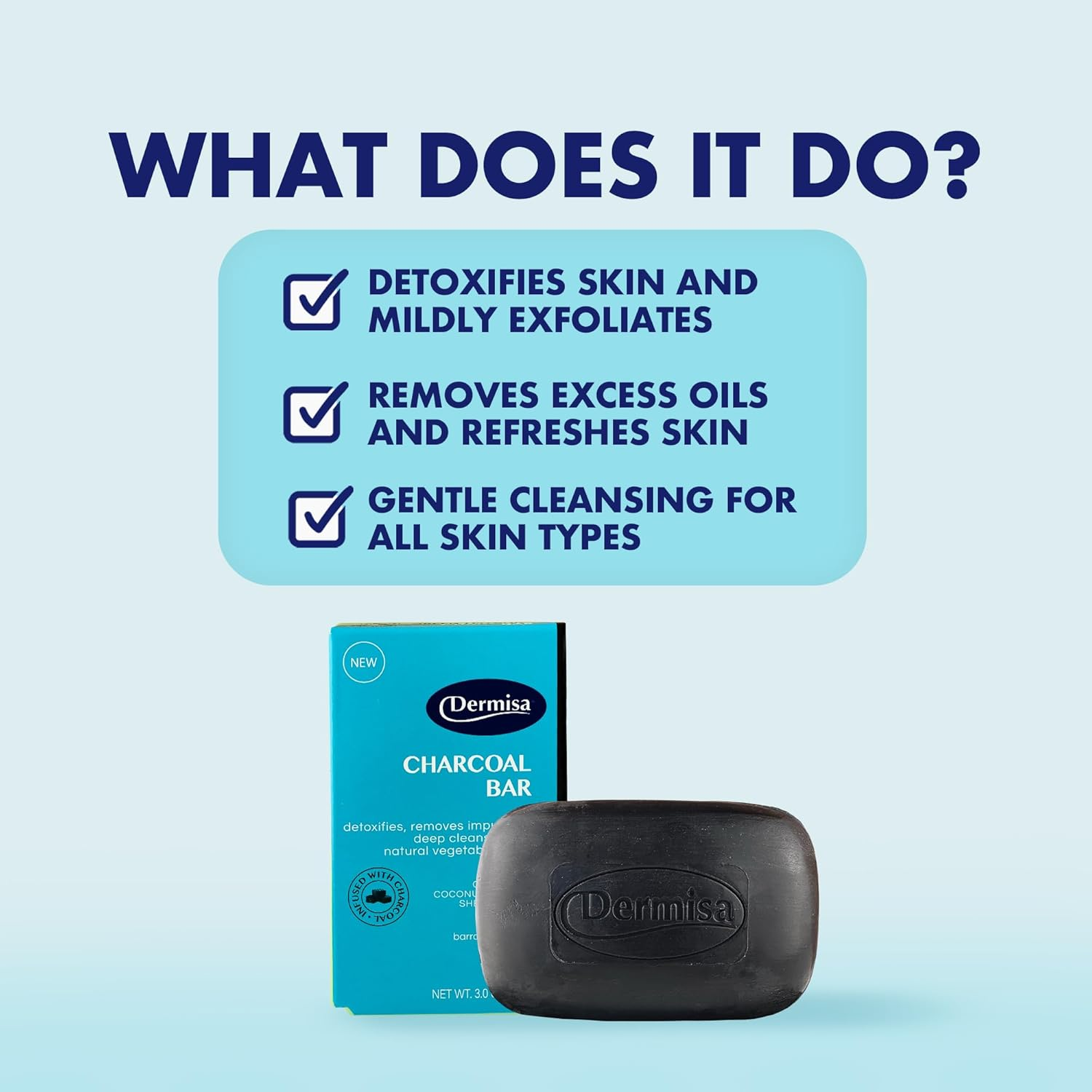 Dermisa Charcoal Bar | Natural Gentle Cleansing Bar | Contains Activated Charcoal, Coconut Oil, Shea Butter, Vitamin C & Licorice | NO PARABENS, NO SULFATES, 100% VEGETABLE BASE | 3 OZ | Pack of 3 image number 2